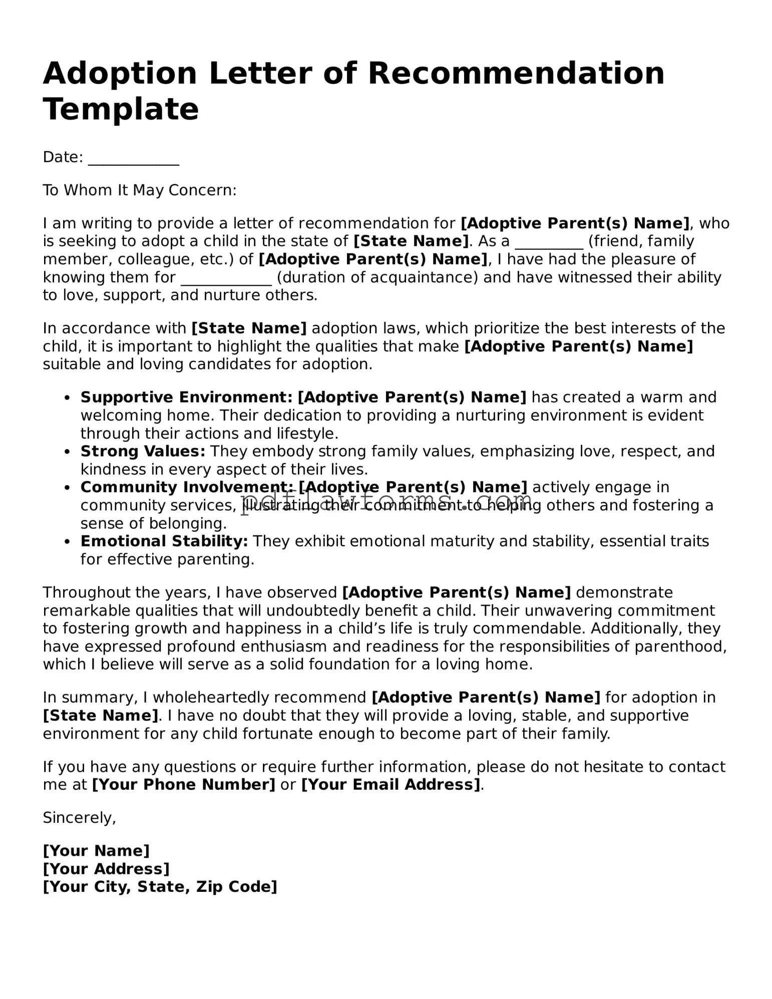 Official Adoption Letter of Recommendation Form