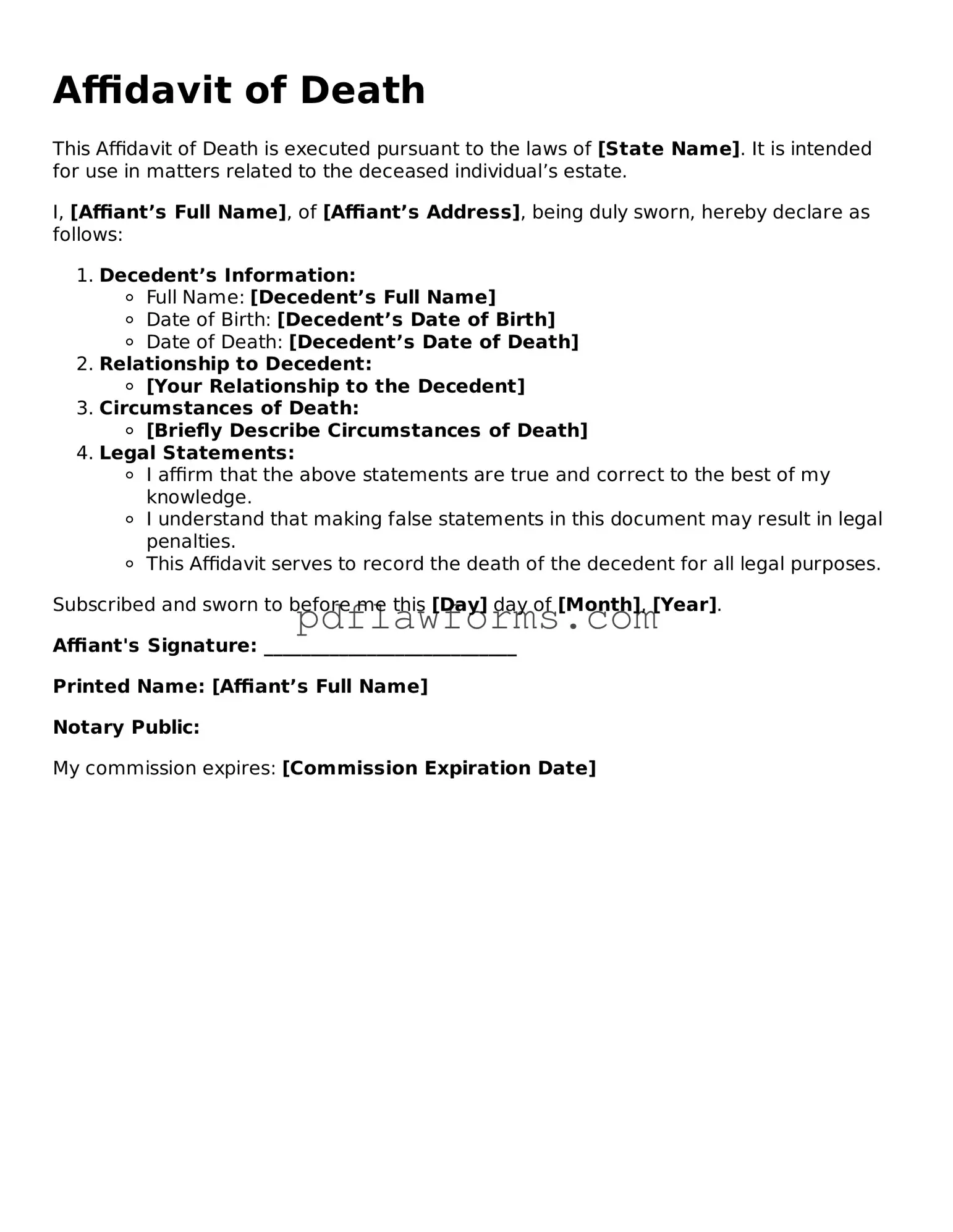 Official Affidavit of Death Form