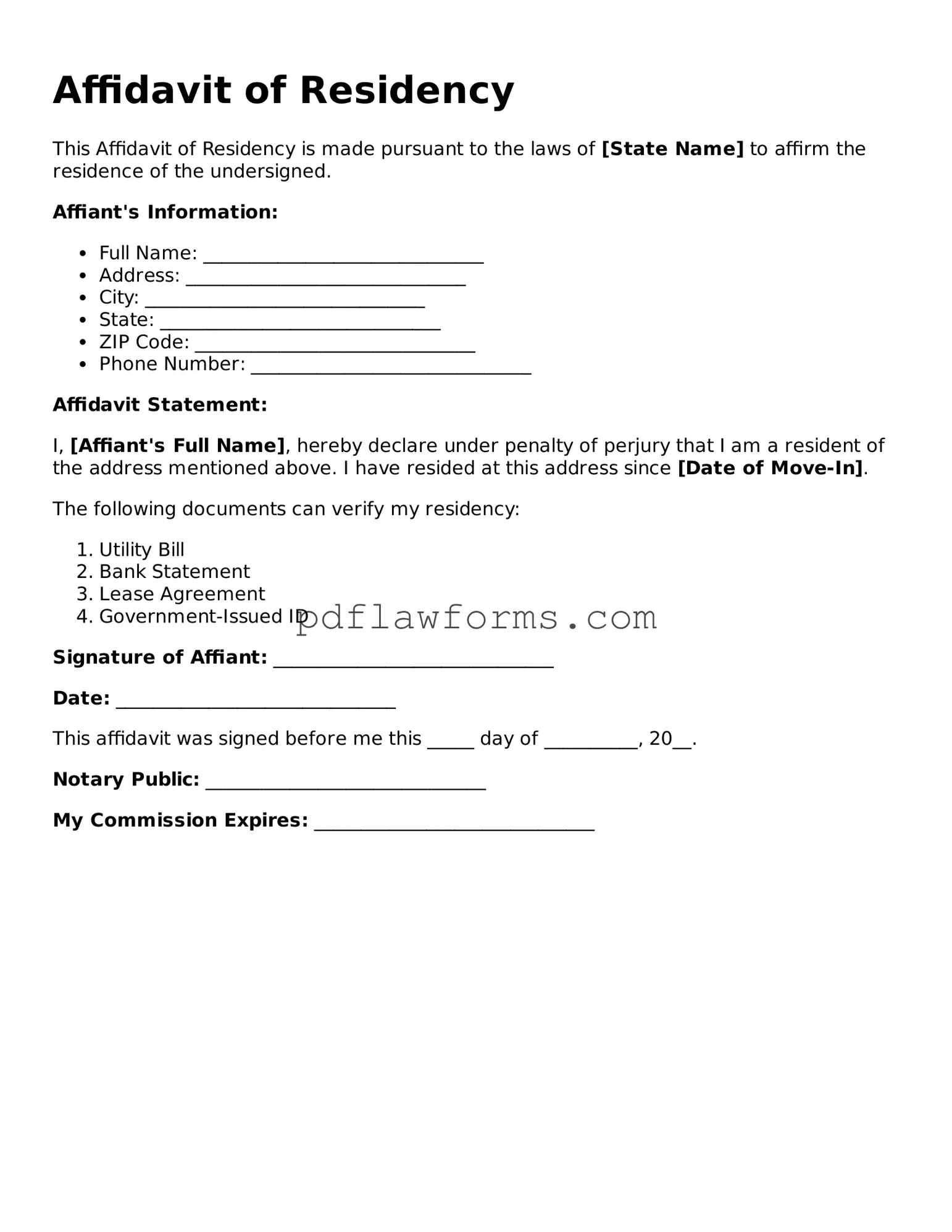 Official Affidavit of Residency Form