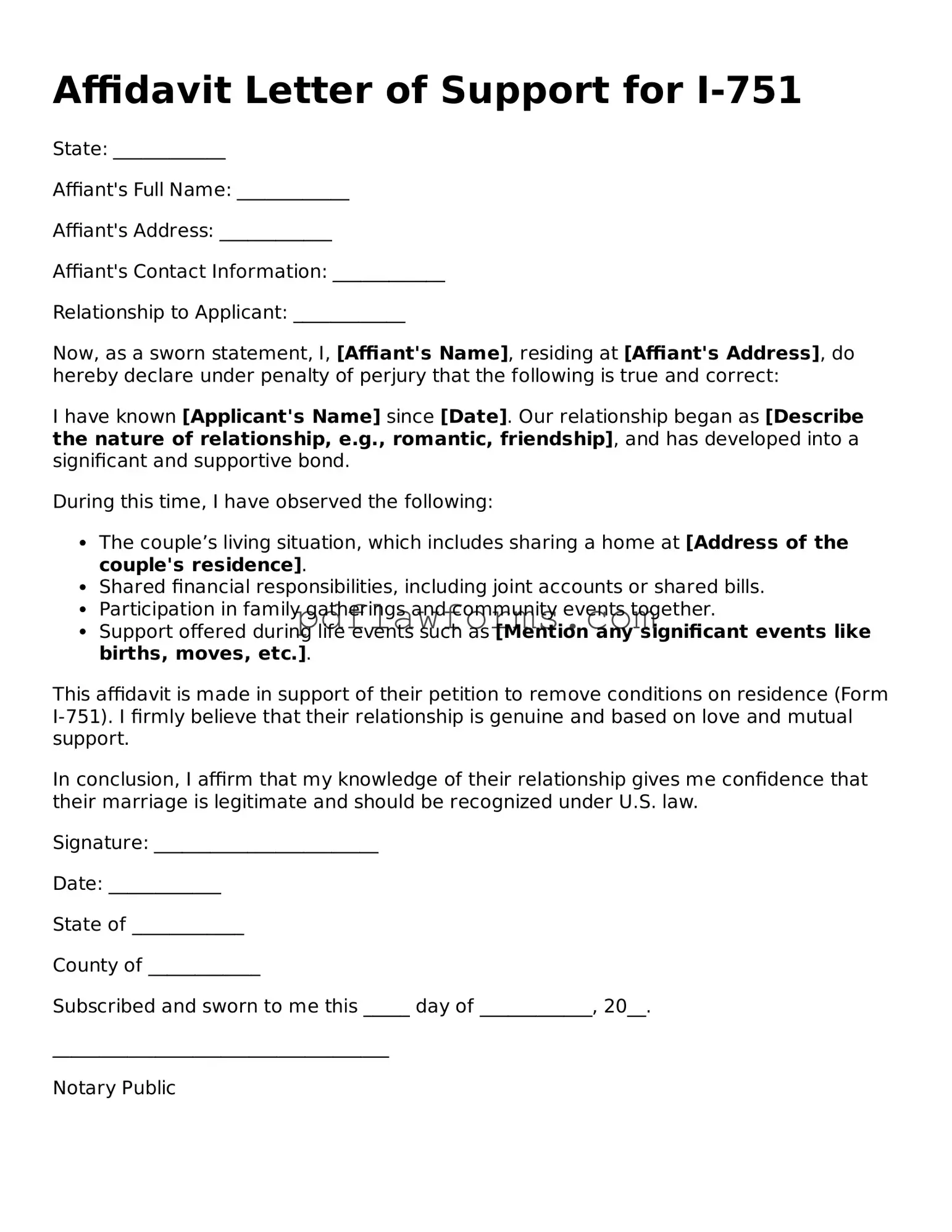 Official Affidavit Letter of Support for I-751 Form