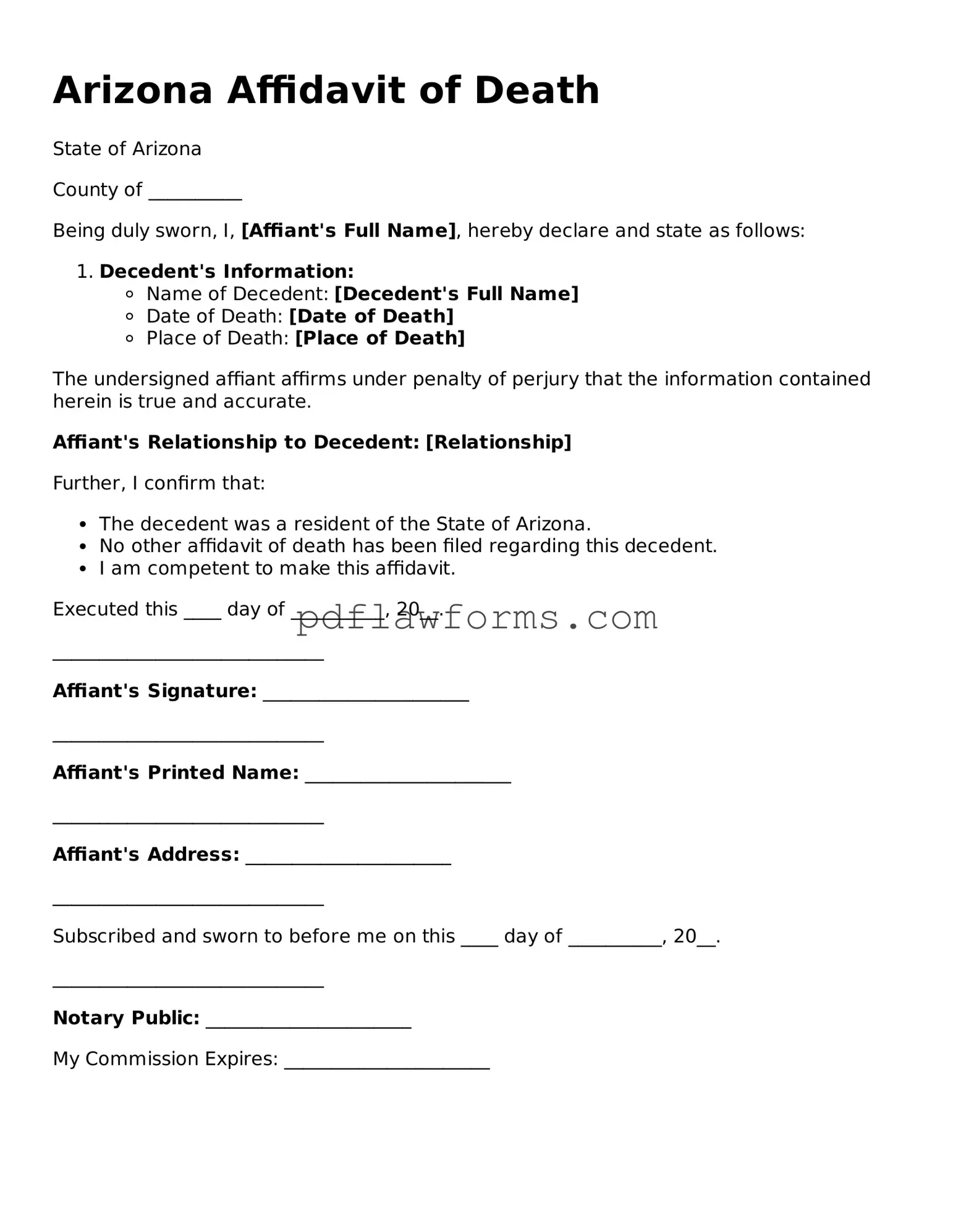 Affidavit of Death Form for the State of Arizona