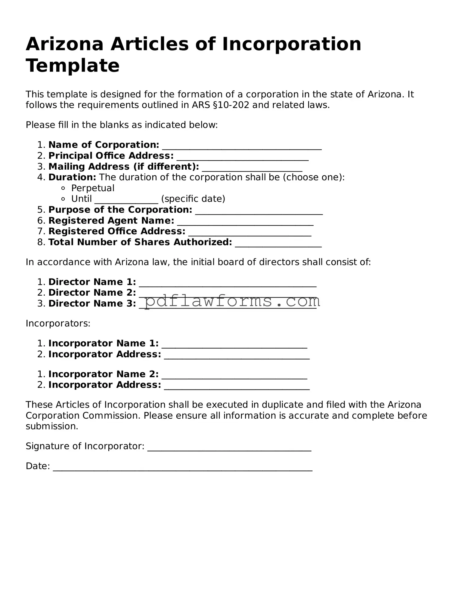 Articles of Incorporation Form for the State of Arizona