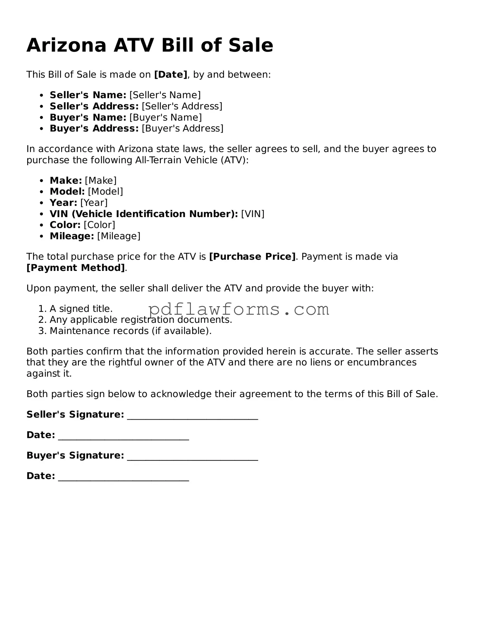 ATV Bill of Sale Form for the State of Arizona