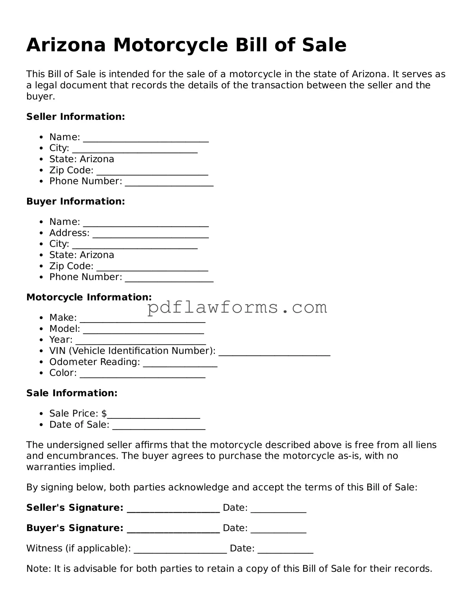 Motorcycle Bill of Sale Form for the State of Arizona