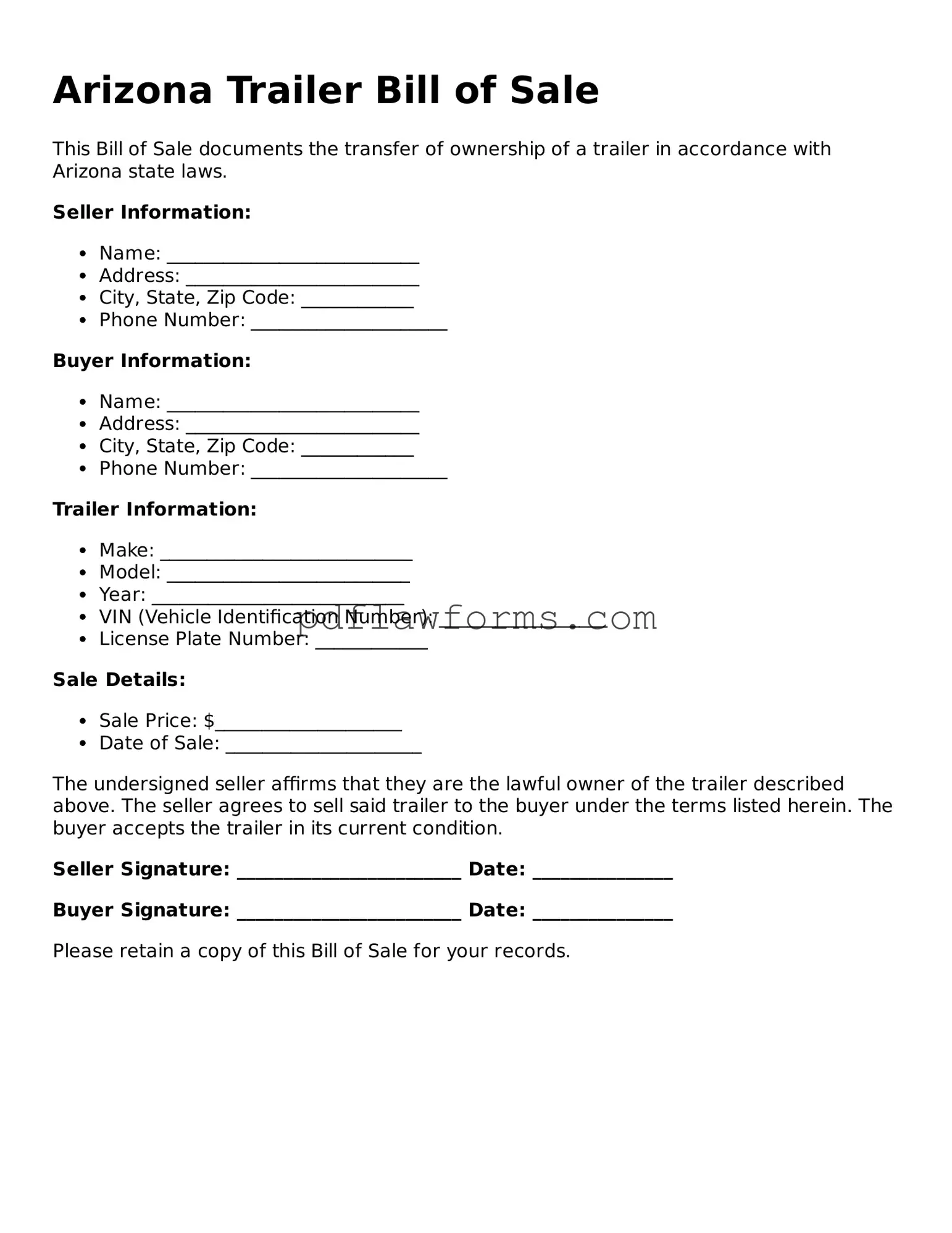 Trailer Bill of Sale Form for the State of Arizona