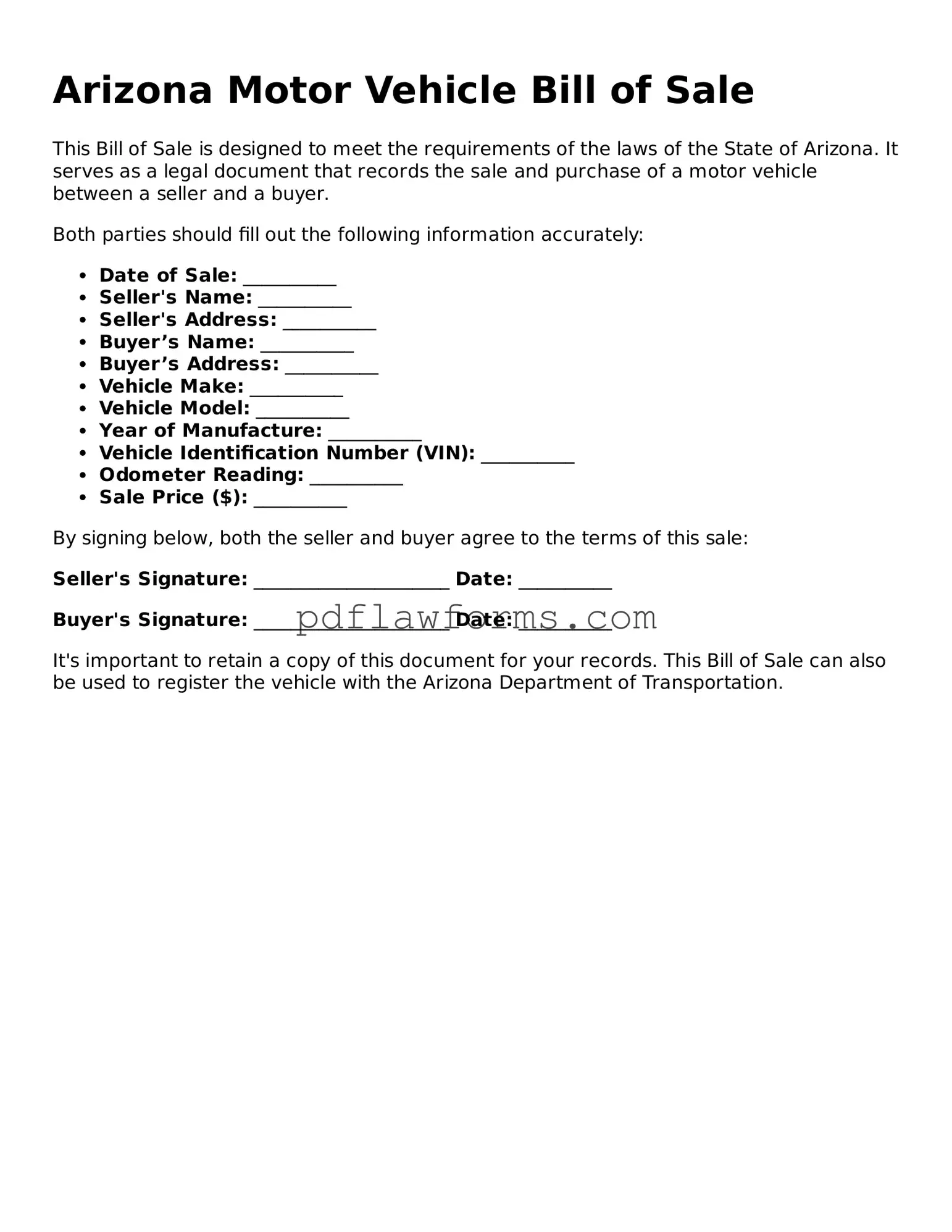 Motor Vehicle Bill of Sale Form for the State of Arizona
