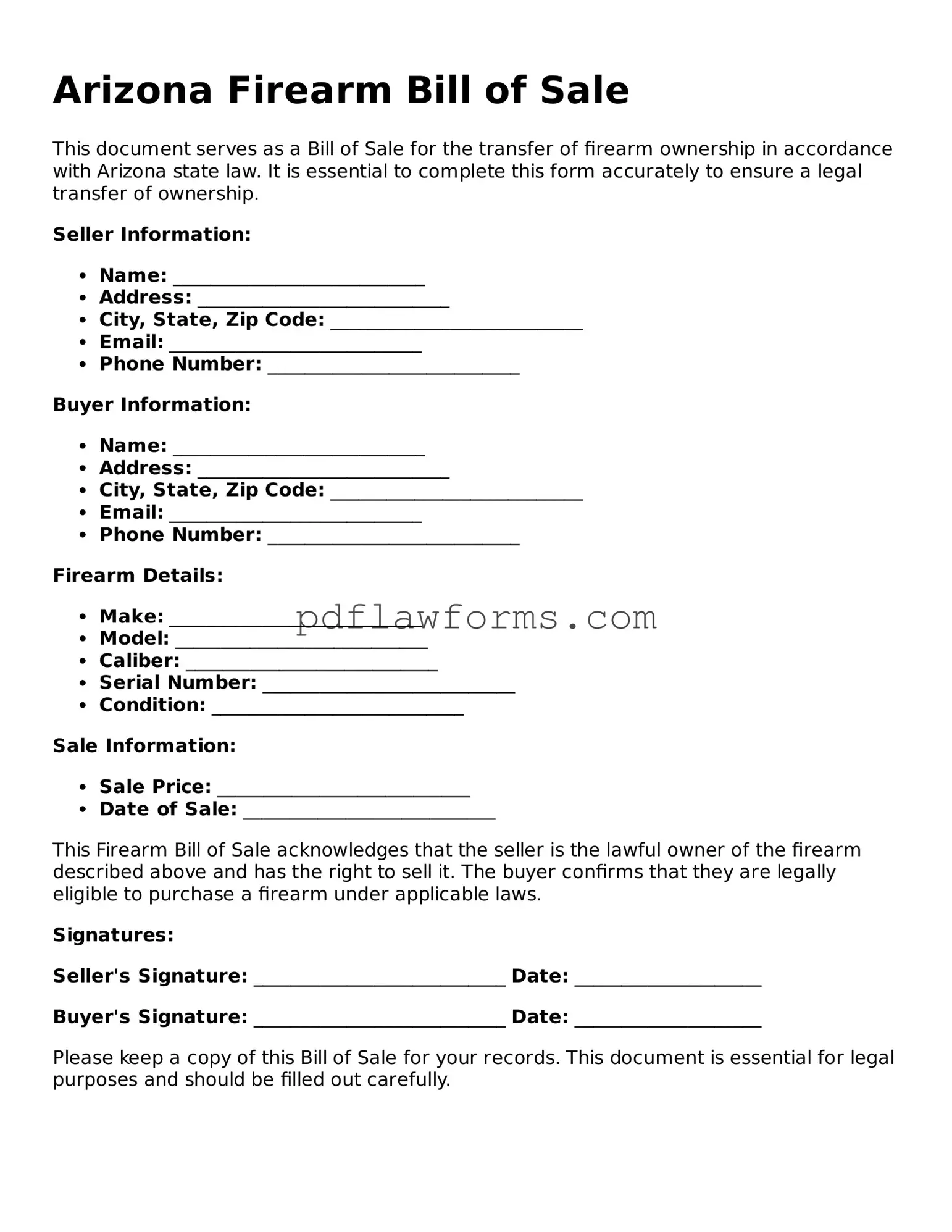 Firearm Bill of Sale Form for the State of Arizona
