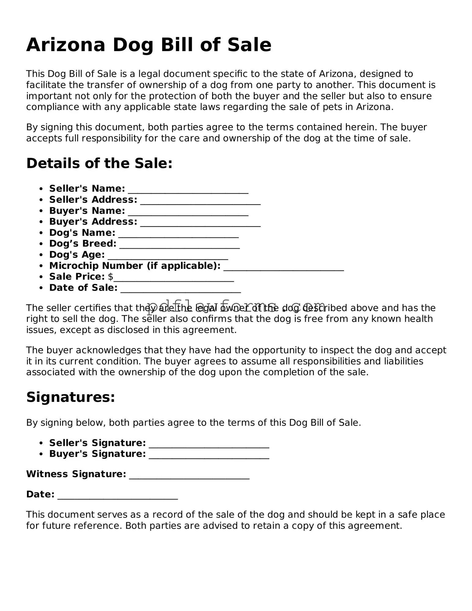 Dog Bill of Sale Form for the State of Arizona