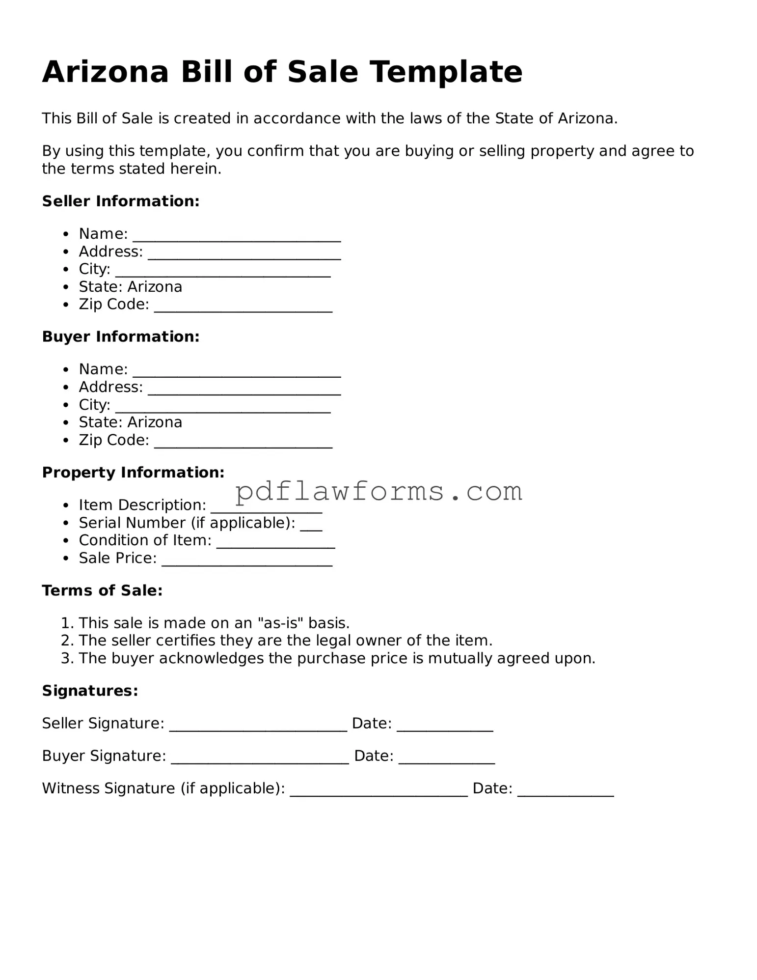 Bill of Sale Form for the State of Arizona