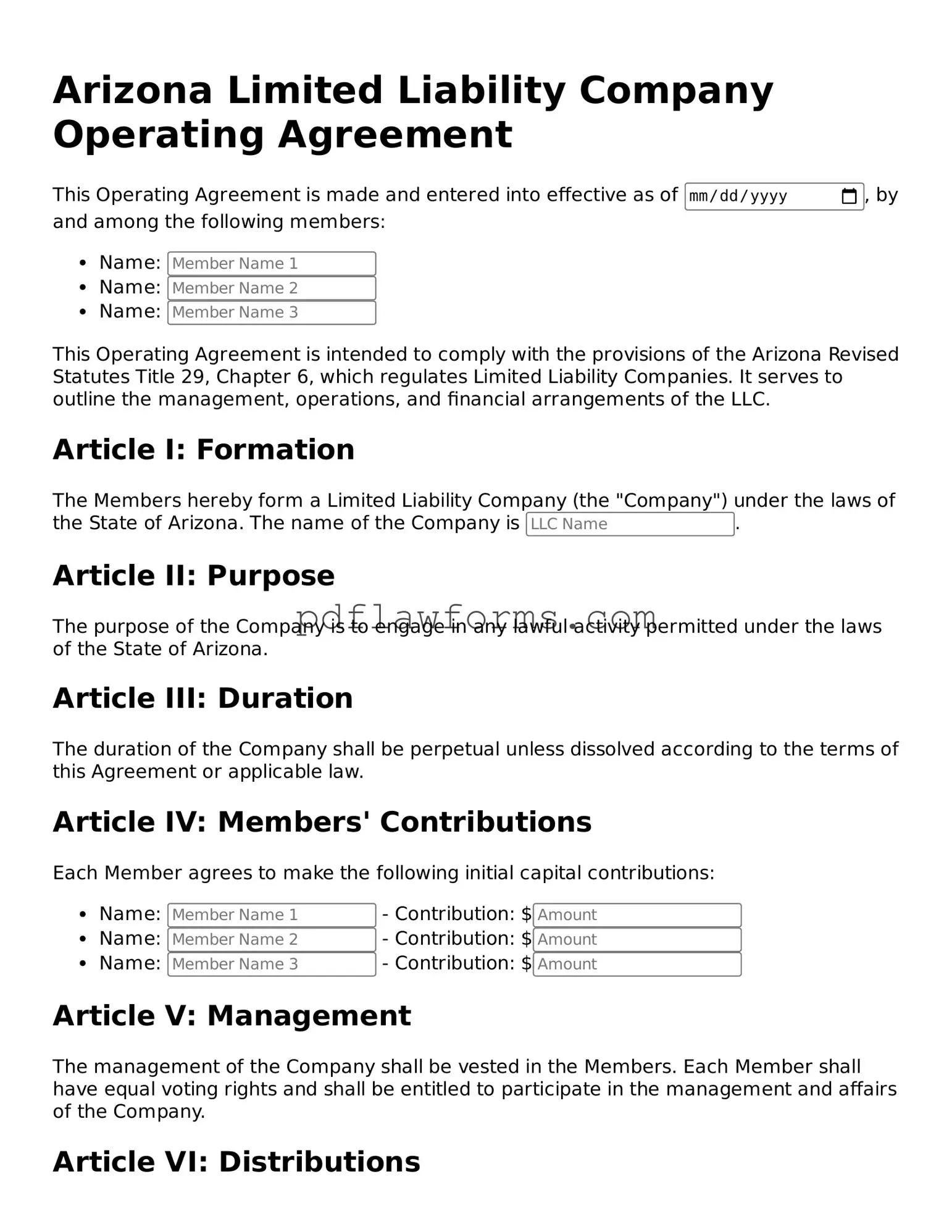 Operating Agreement Form for the State of Arizona