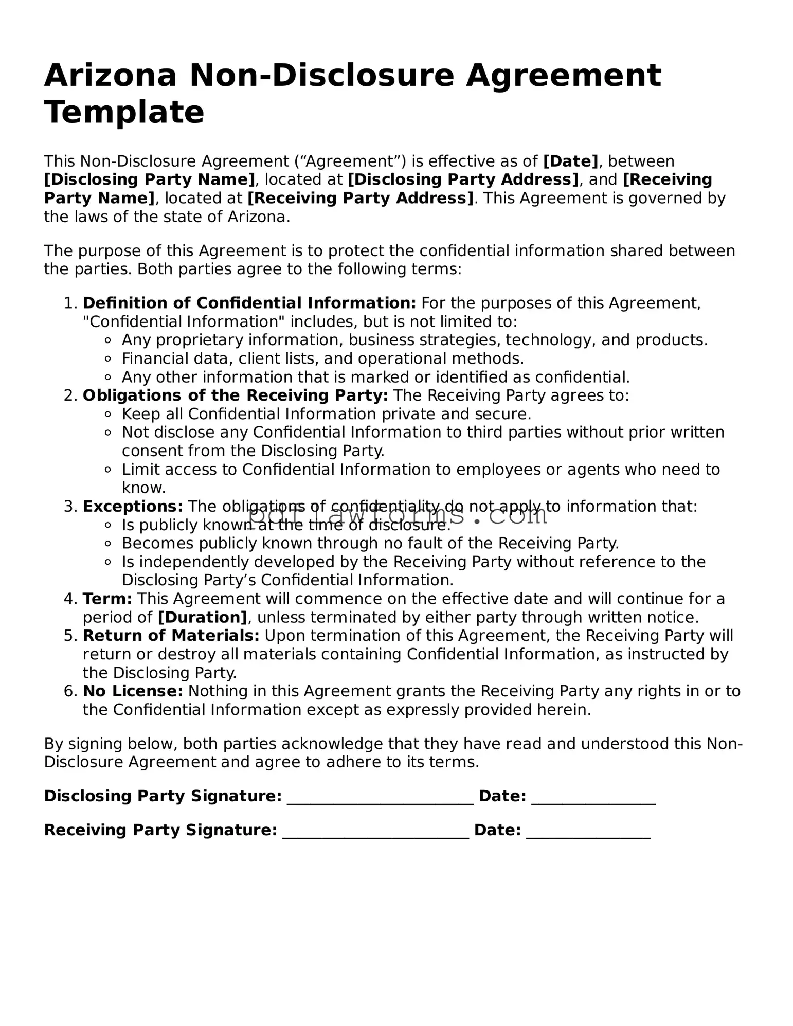 Non-disclosure Agreement Form for the State of Arizona