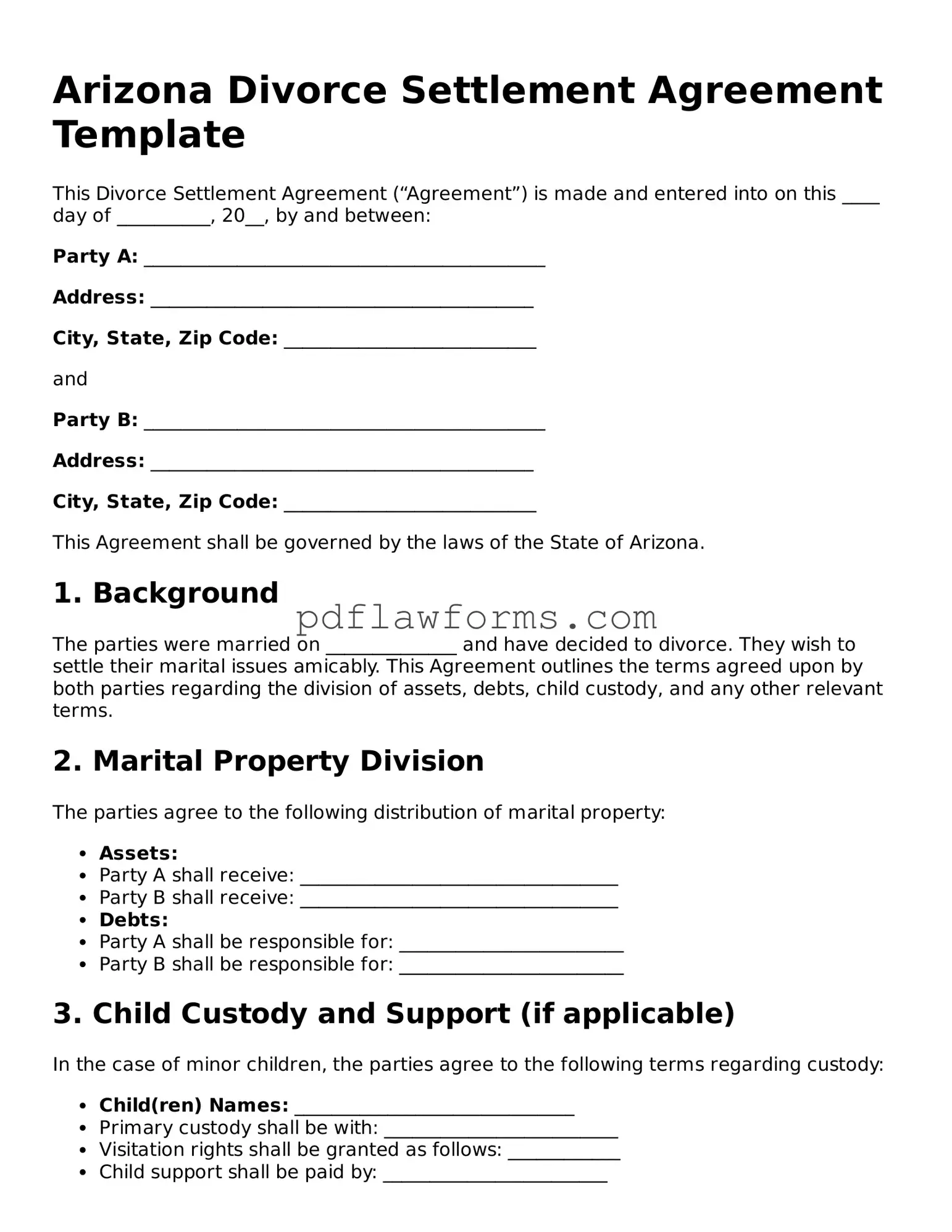 Divorce Settlement Agreement Form for the State of Arizona