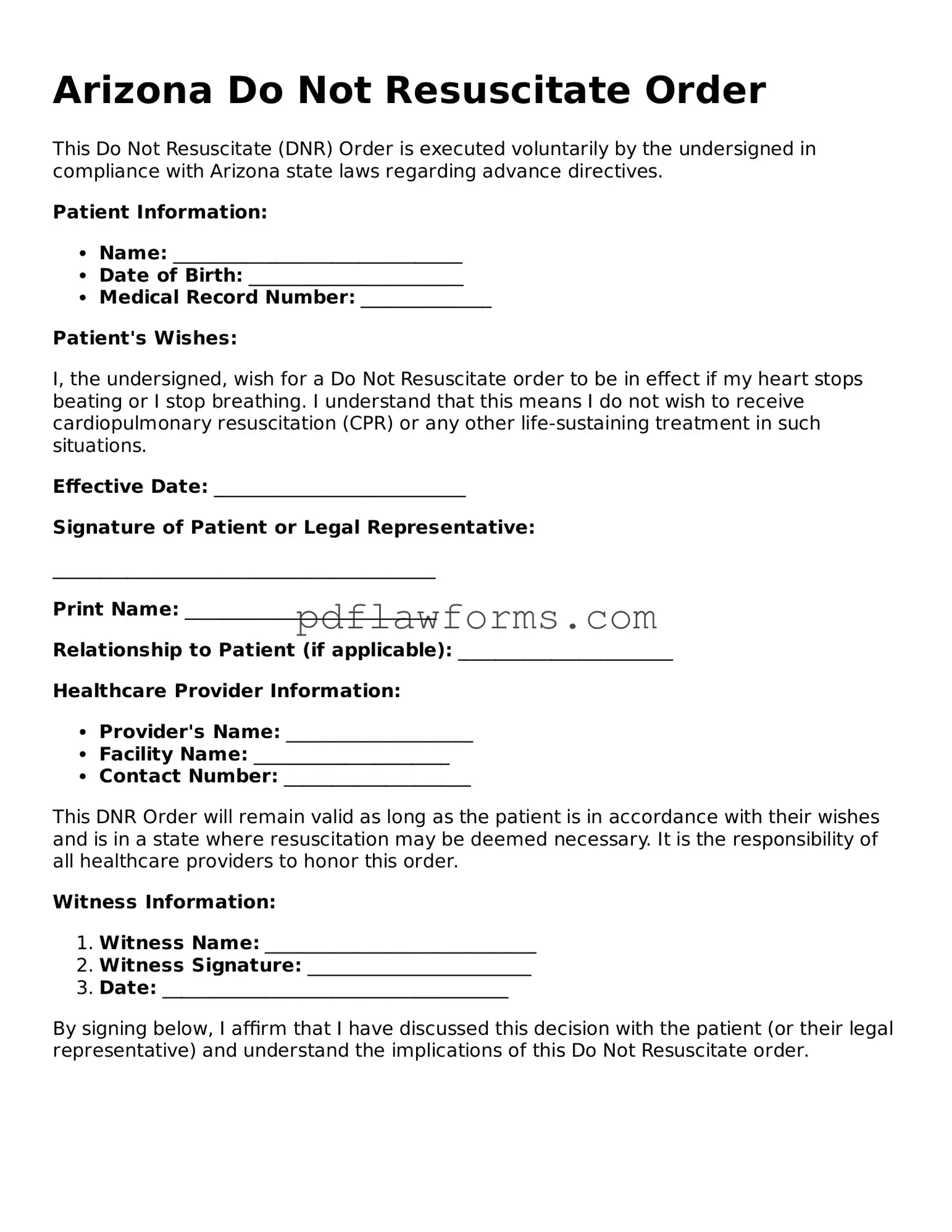 Do Not Resuscitate Order Form for the State of Arizona
