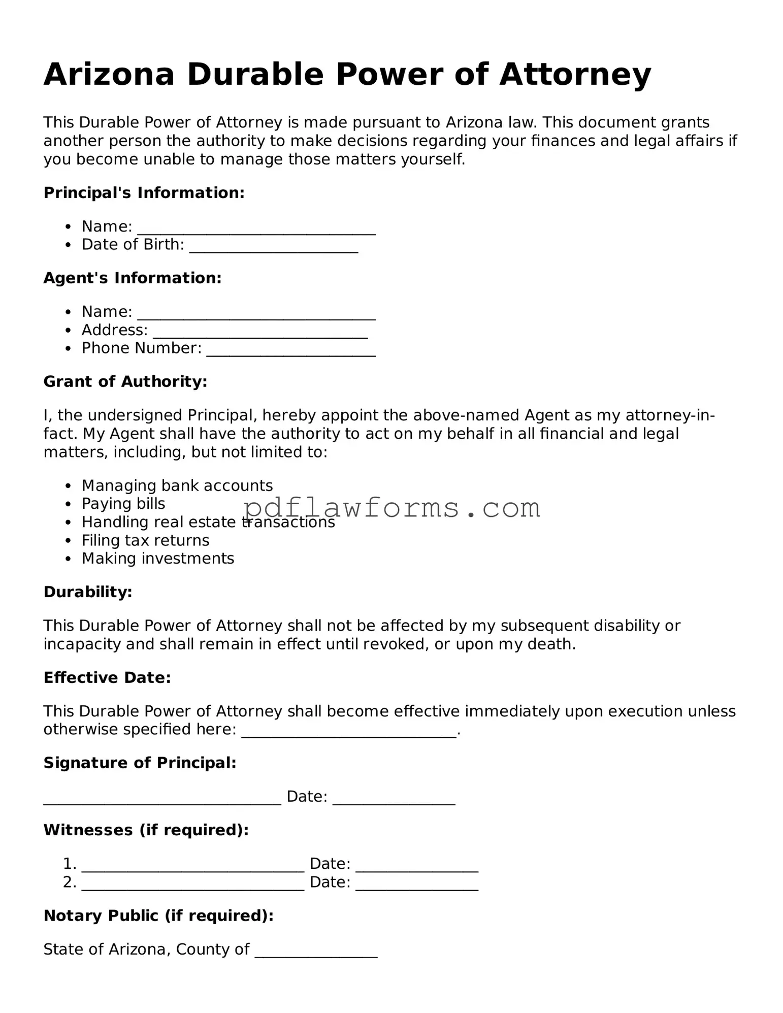 Durable Power of Attorney Form for the State of Arizona