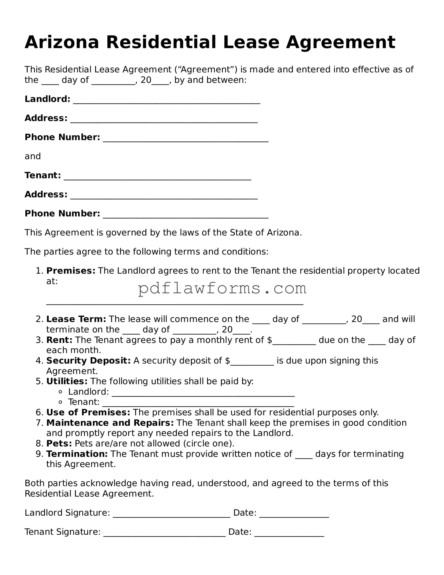 Residential Lease Agreement Form for the State of Arizona