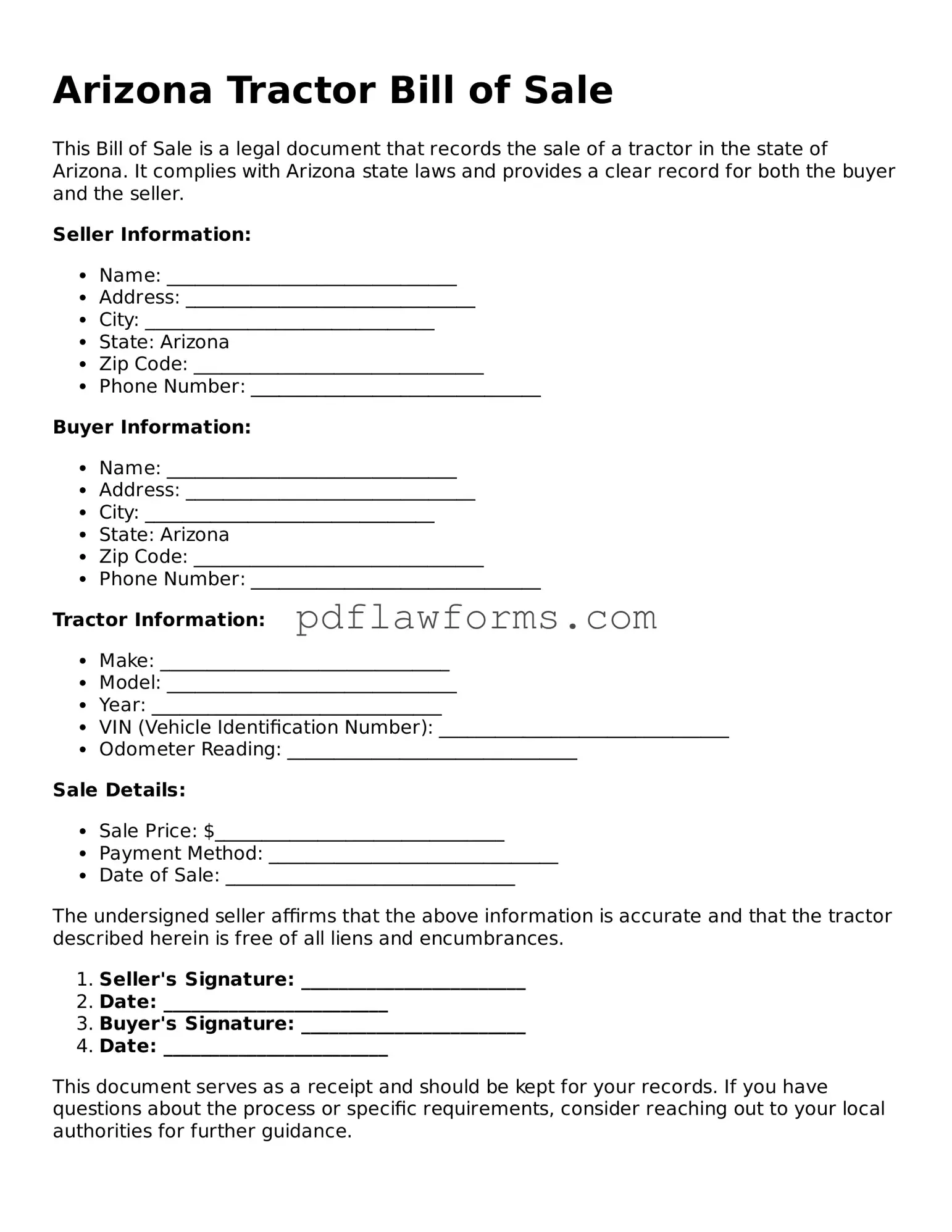 Tractor Bill of Sale Form for the State of Arizona