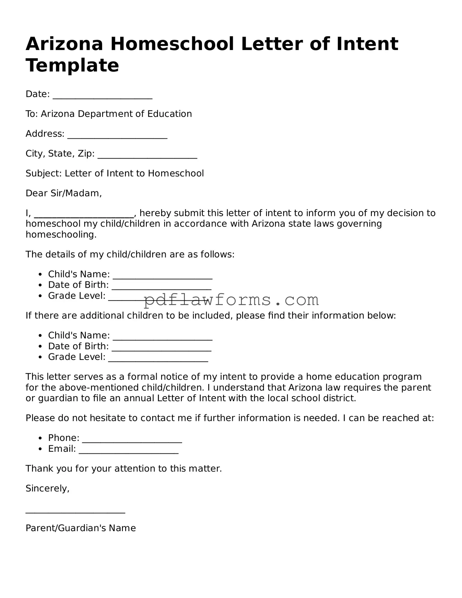 Homeschool Letter of Intent Form for the State of Arizona