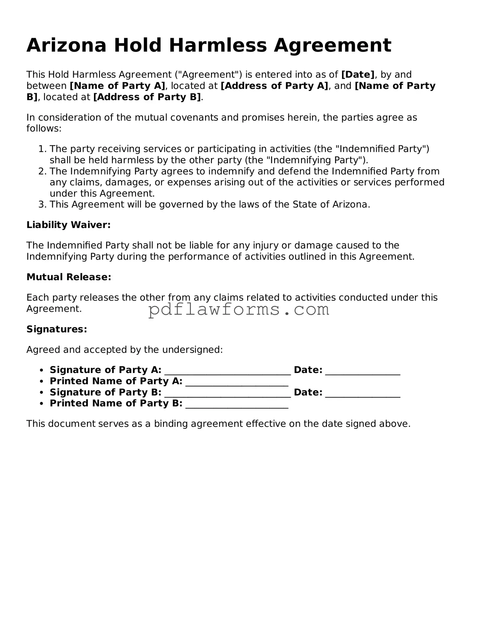 Hold Harmless Agreement Form for the State of Arizona