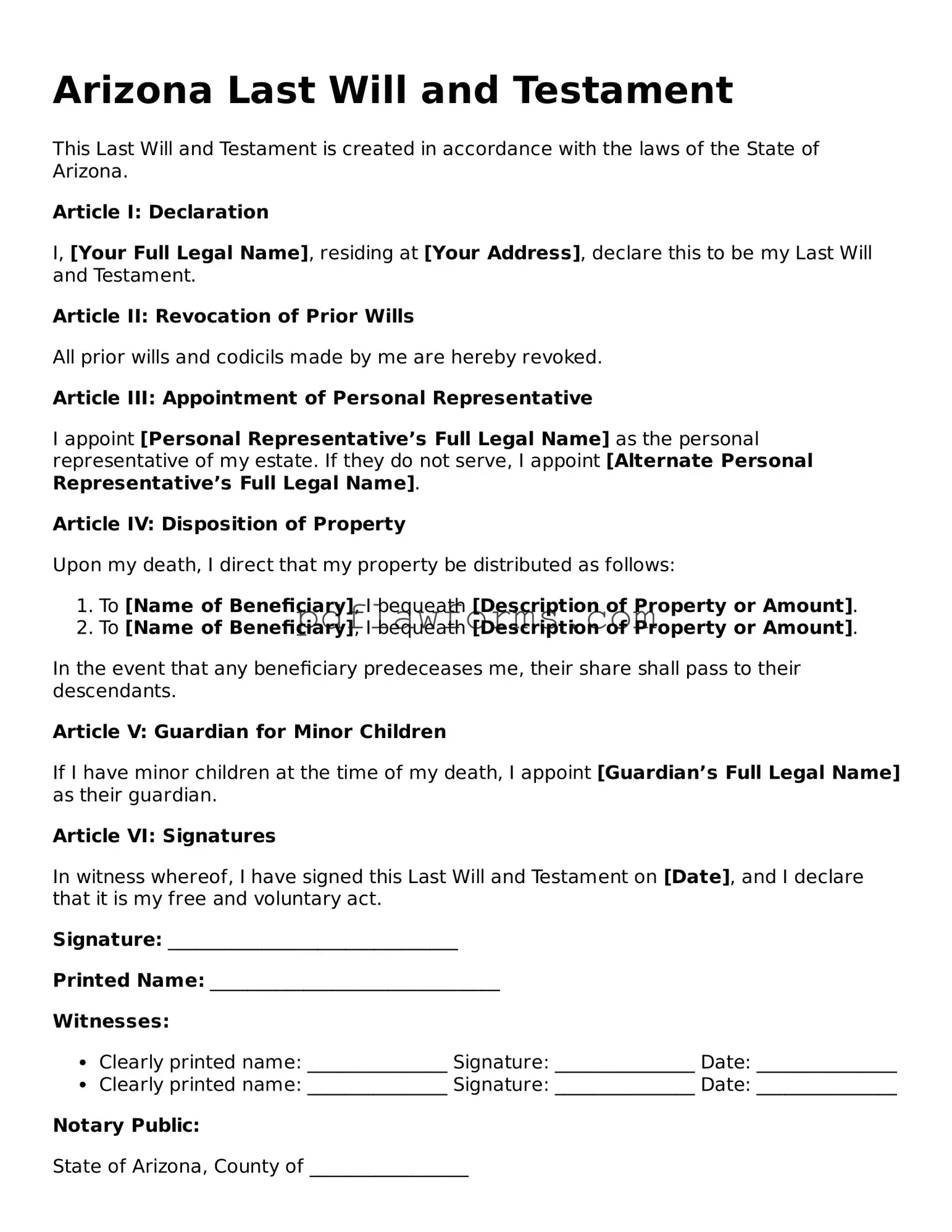 Last Will and Testament Form for the State of Arizona