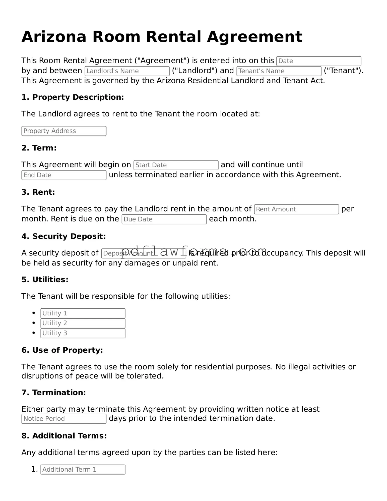 Room Rental Agreement Form for the State of Arizona