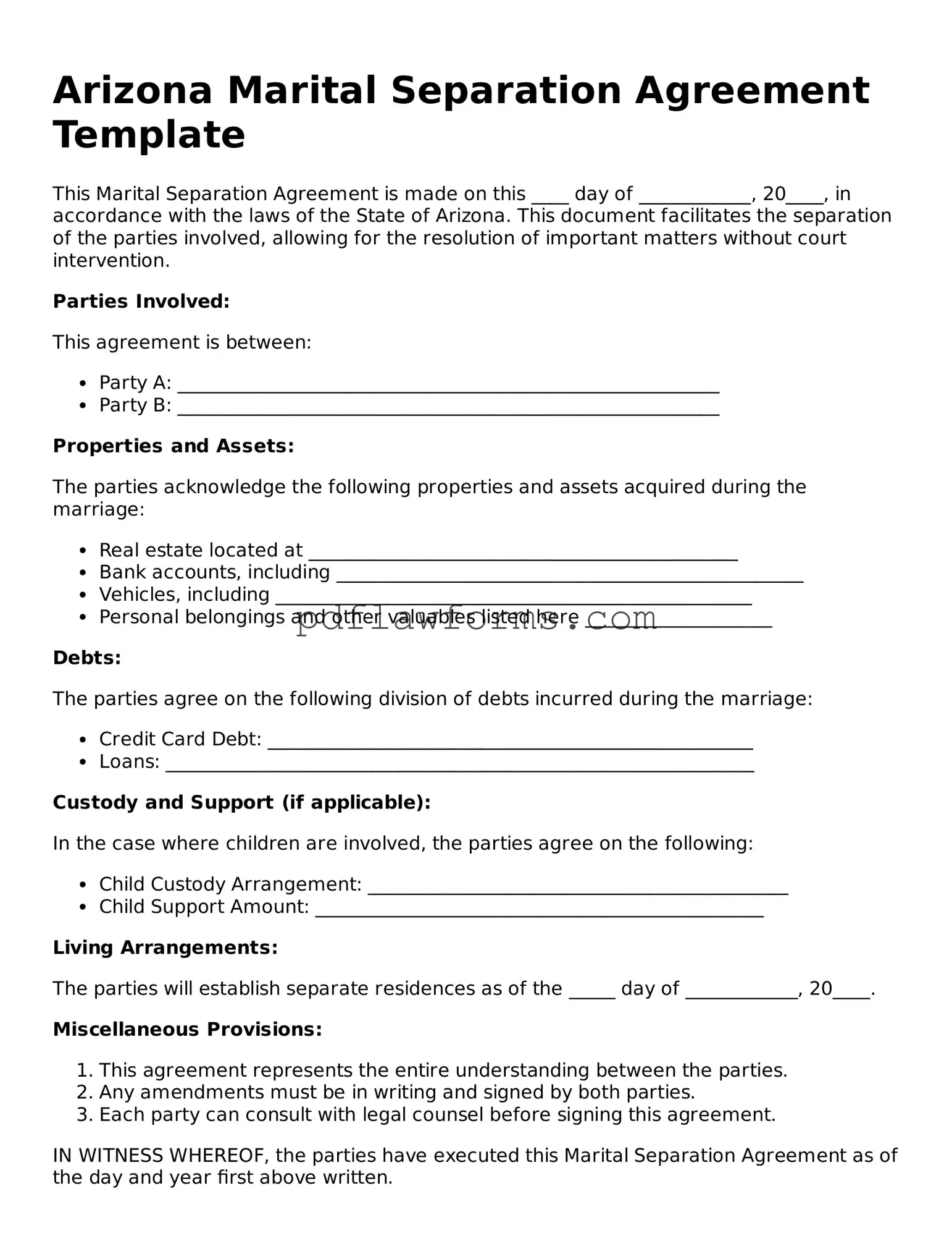 Marital Separation Agreement Form for the State of Arizona