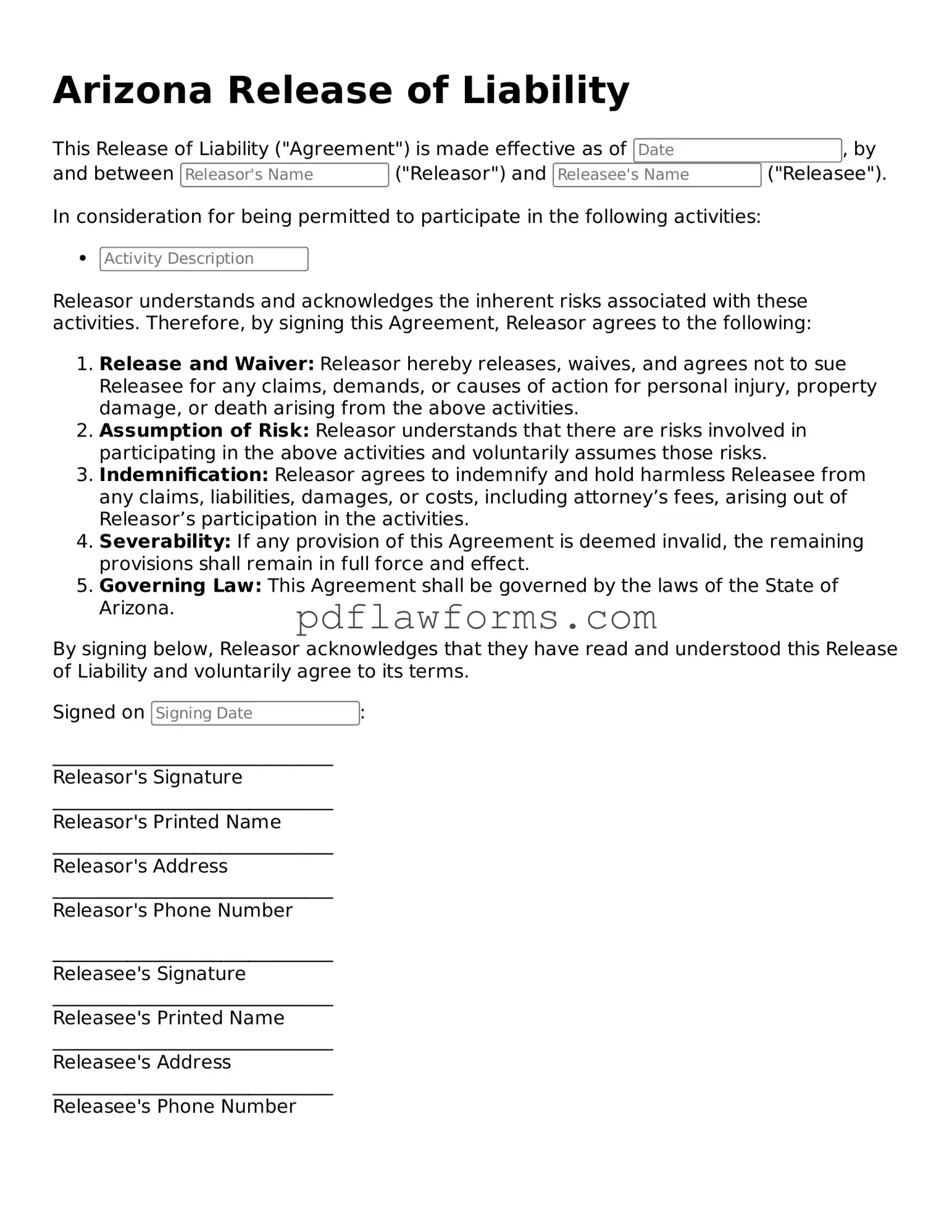 Release of Liability Form for the State of Arizona