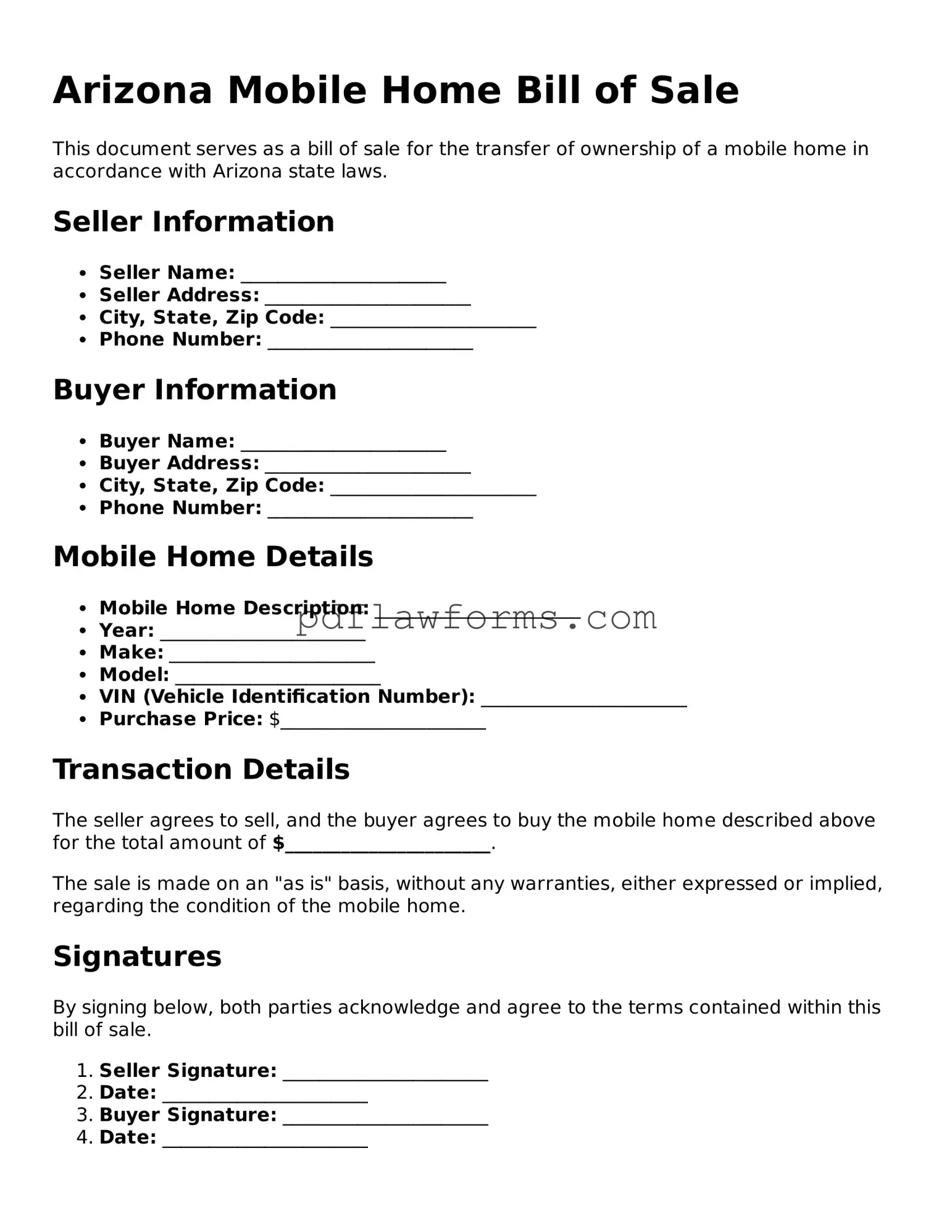 Mobile Home Bill of Sale Form for the State of Arizona