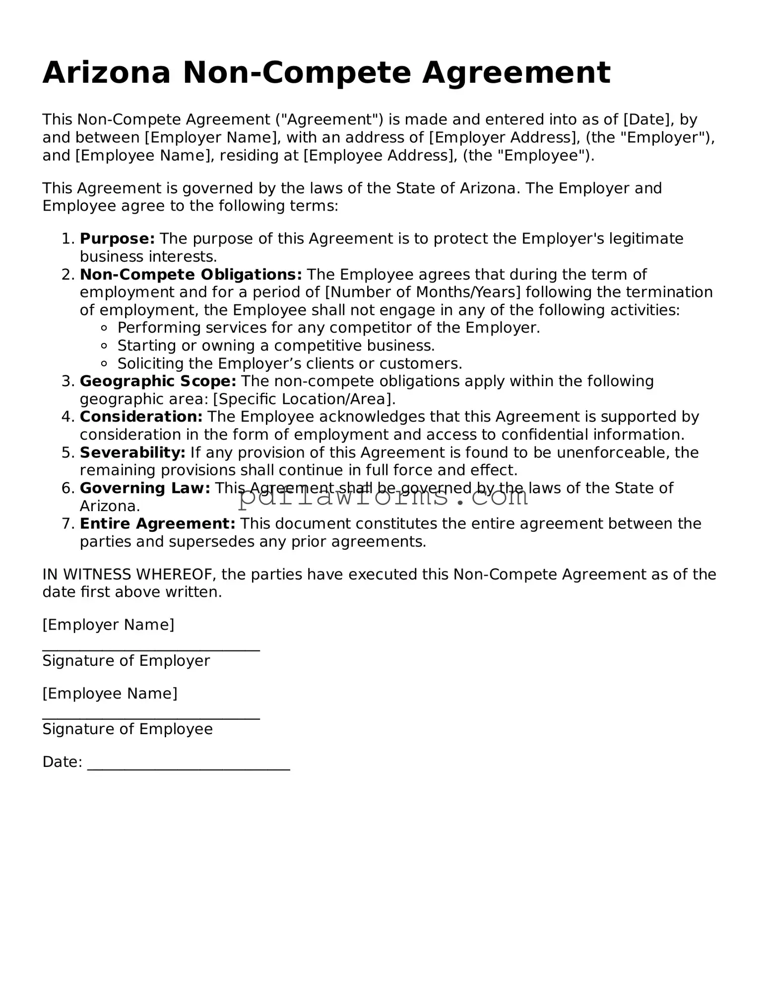 Non-compete Agreement Form for the State of Arizona