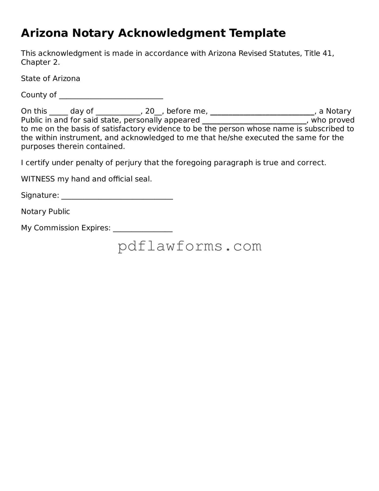 Notary Acknowledgement Form for the State of Arizona