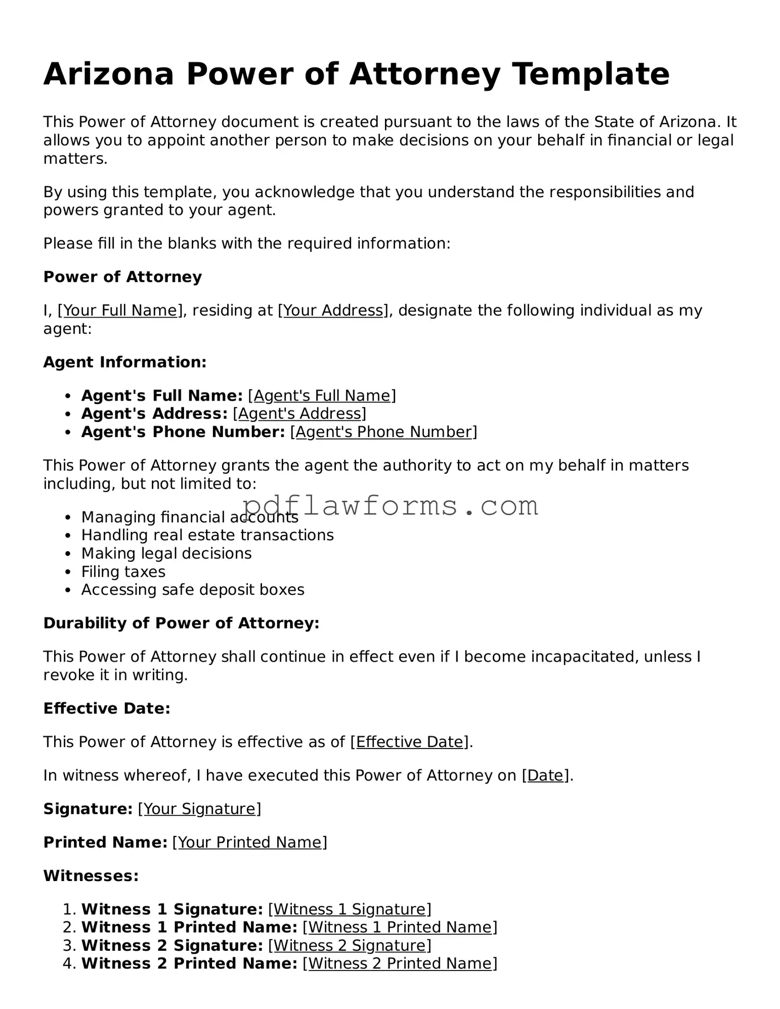 Power of Attorney Form for the State of Arizona