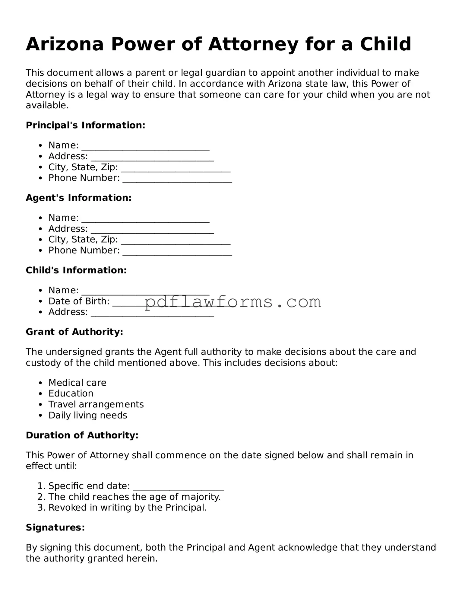 Power of Attorney for a Child Form for the State of Arizona