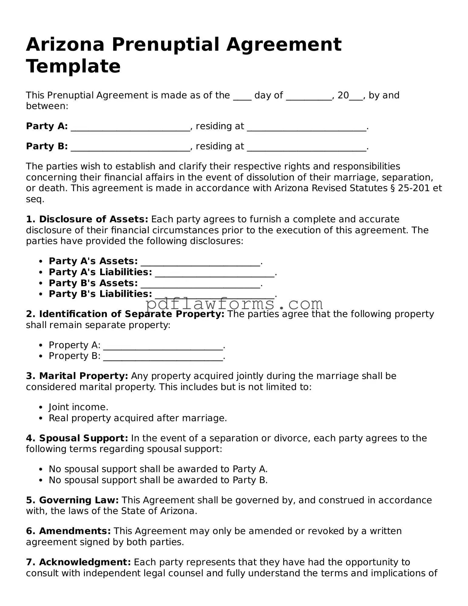 Prenuptial Agreement Form for the State of Arizona