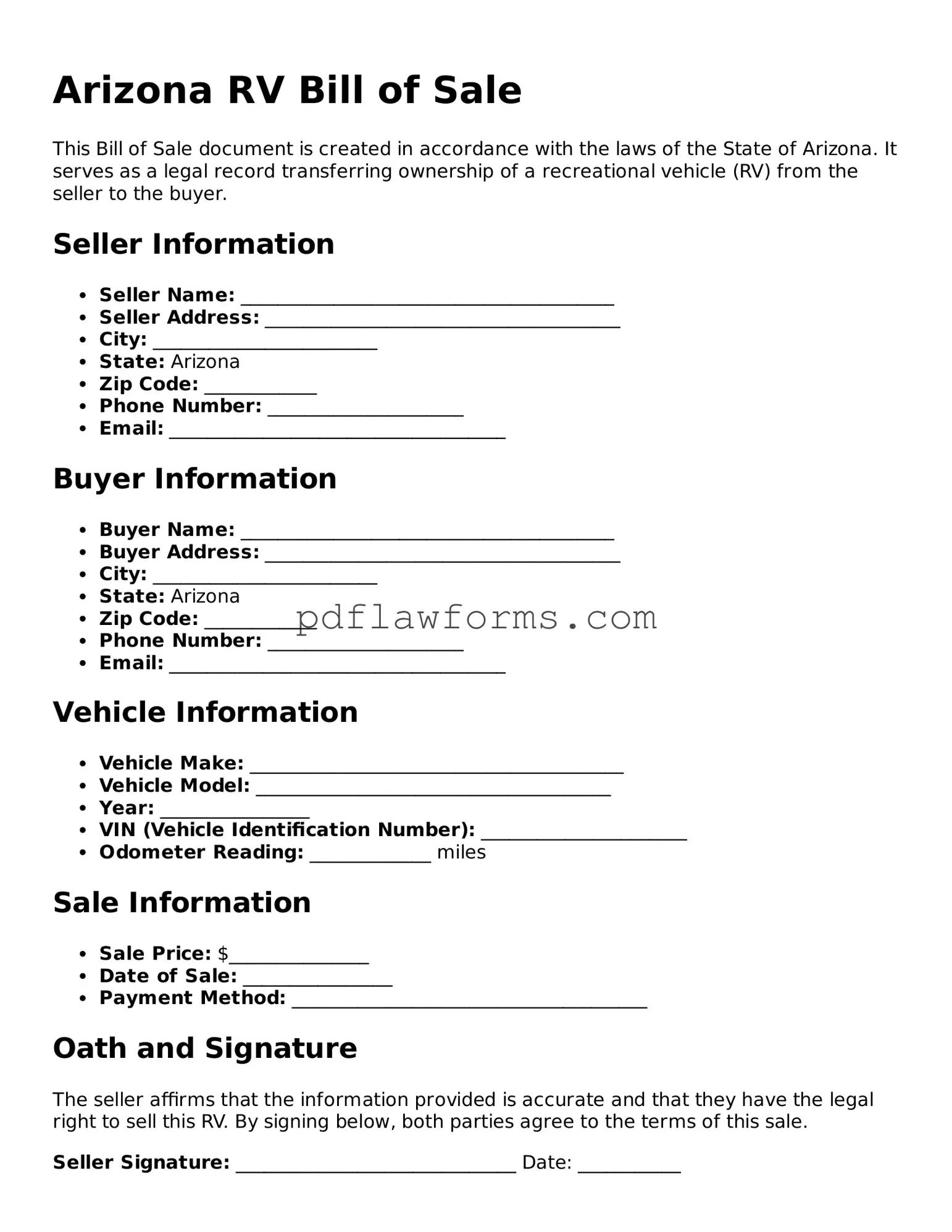 RV Bill of Sale Form for the State of Arizona