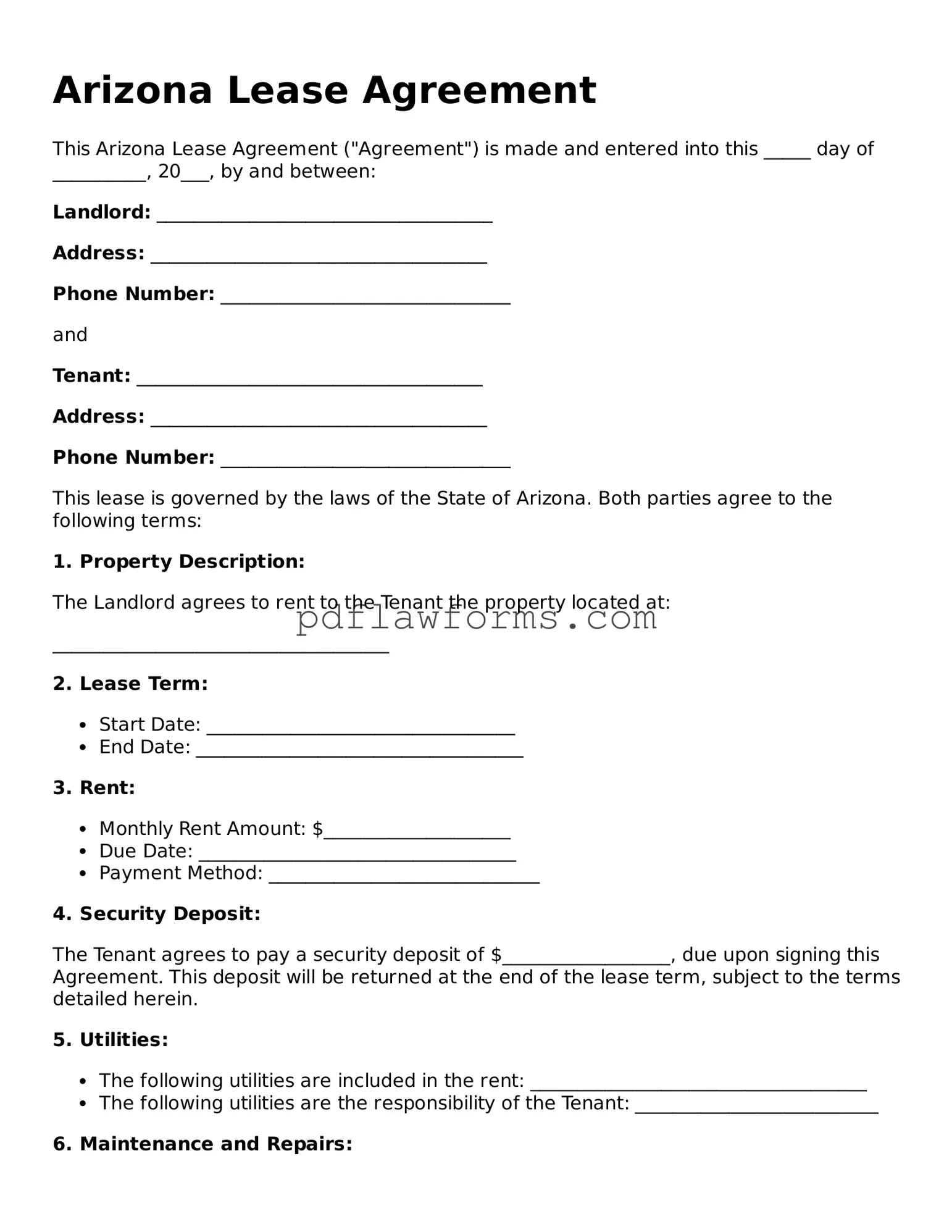 Lease Agreement Form for the State of Arizona