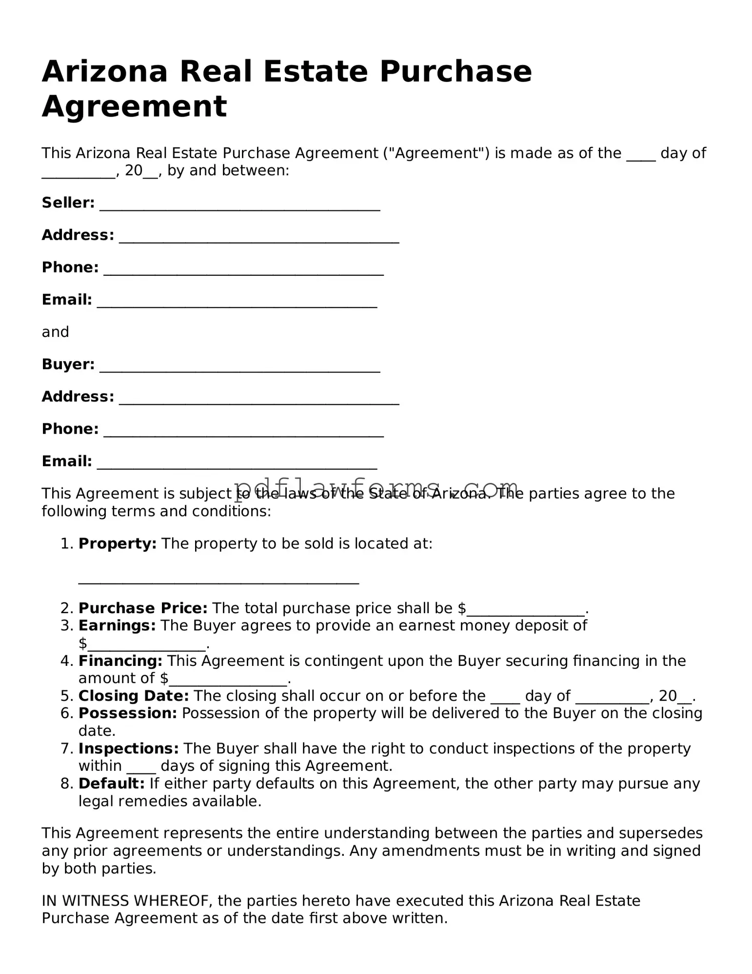 Real Estate Purchase Agreement Form for the State of Arizona