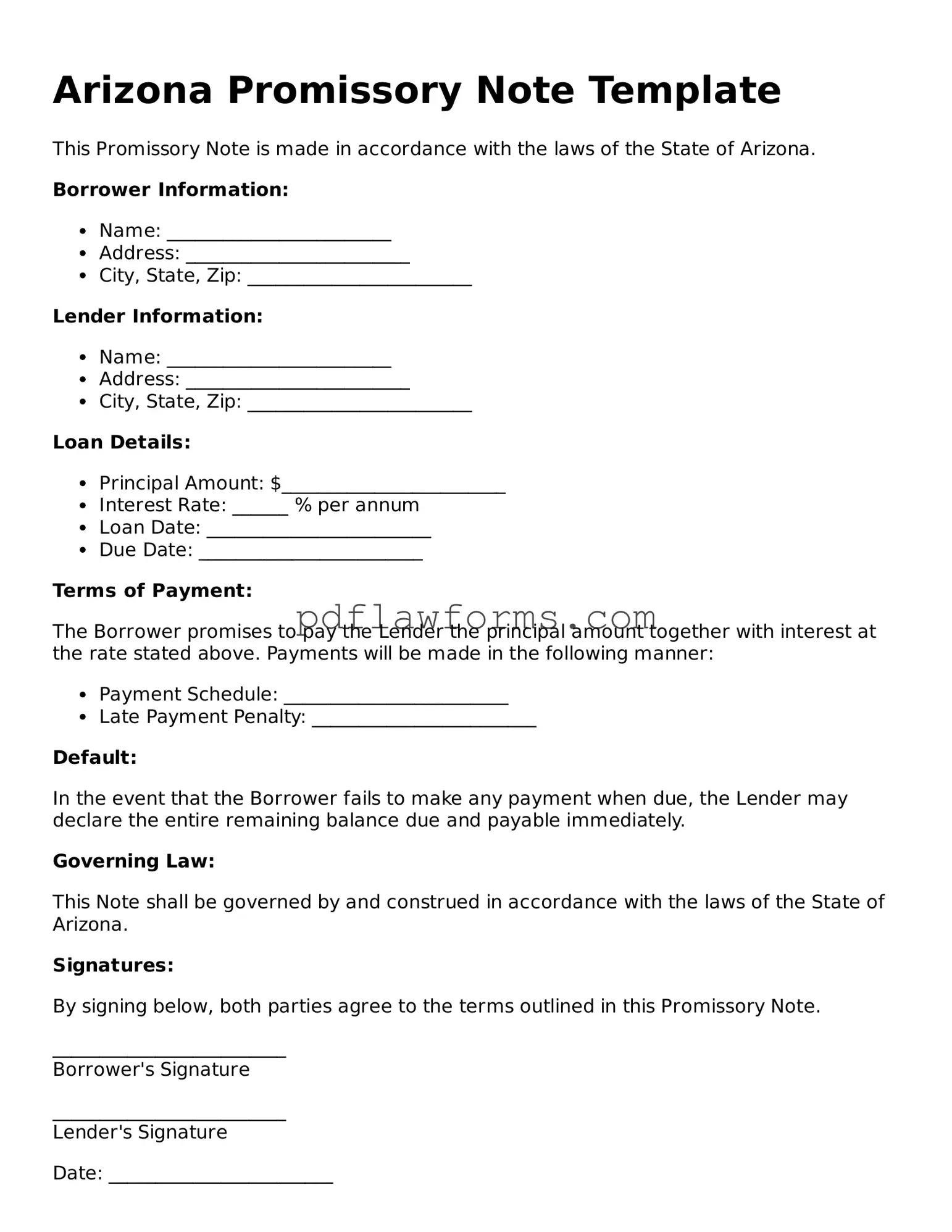 Promissory Note Form for the State of Arizona