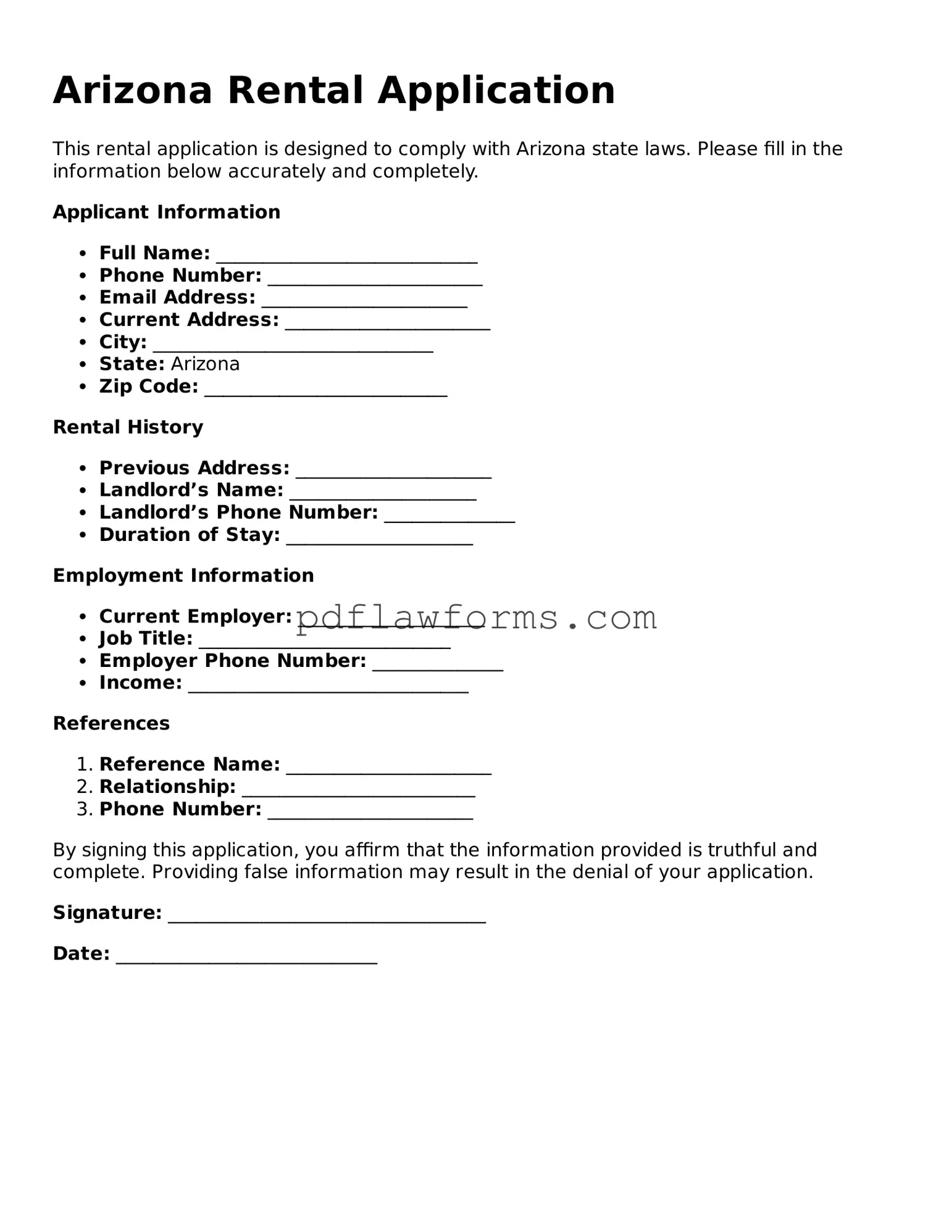 Rental Application Form for the State of Arizona