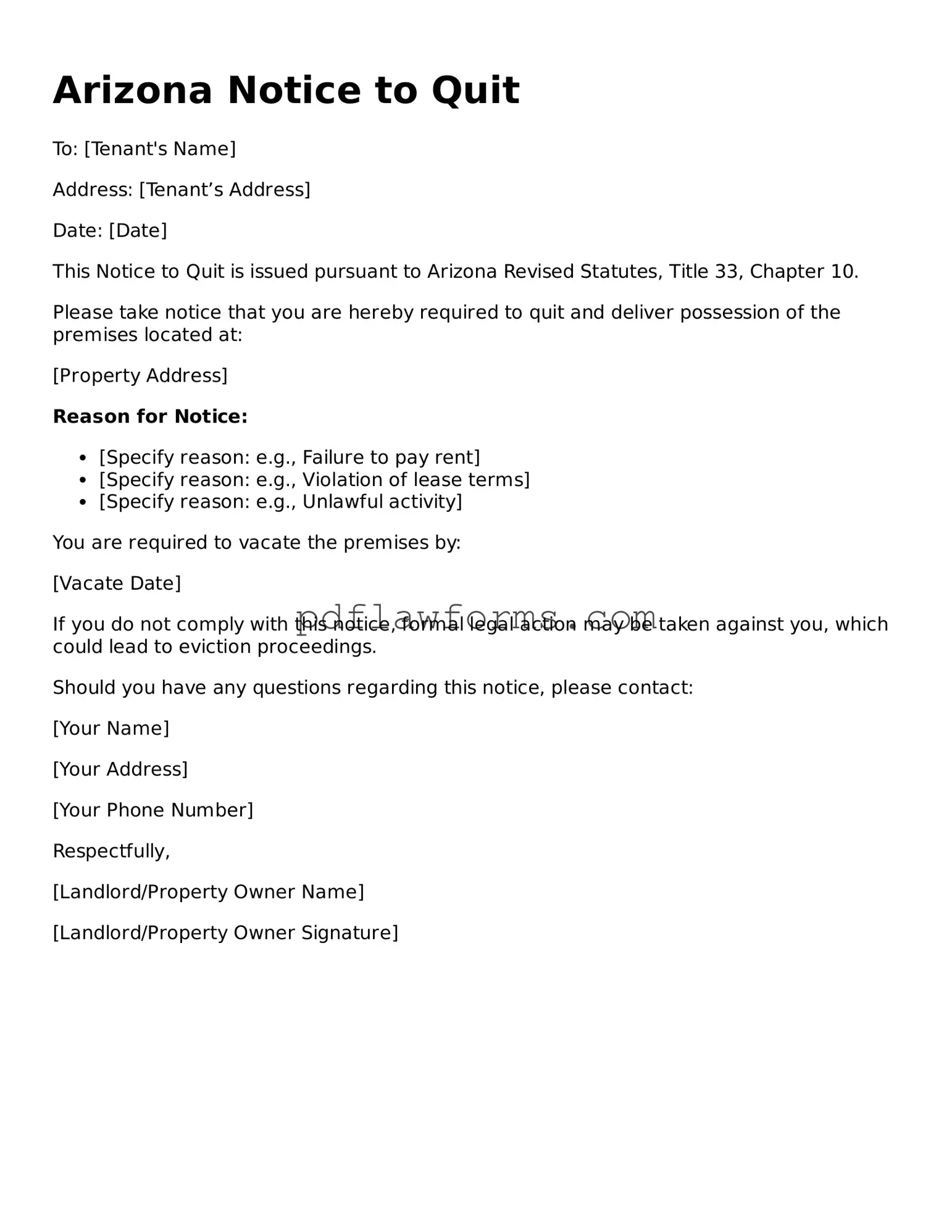 Notice to Quit Form for the State of Arizona