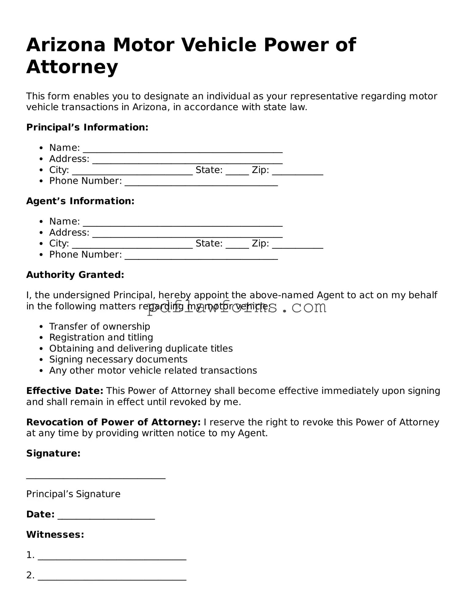 Motor Vehicle Power of Attorney Form for the State of Arizona