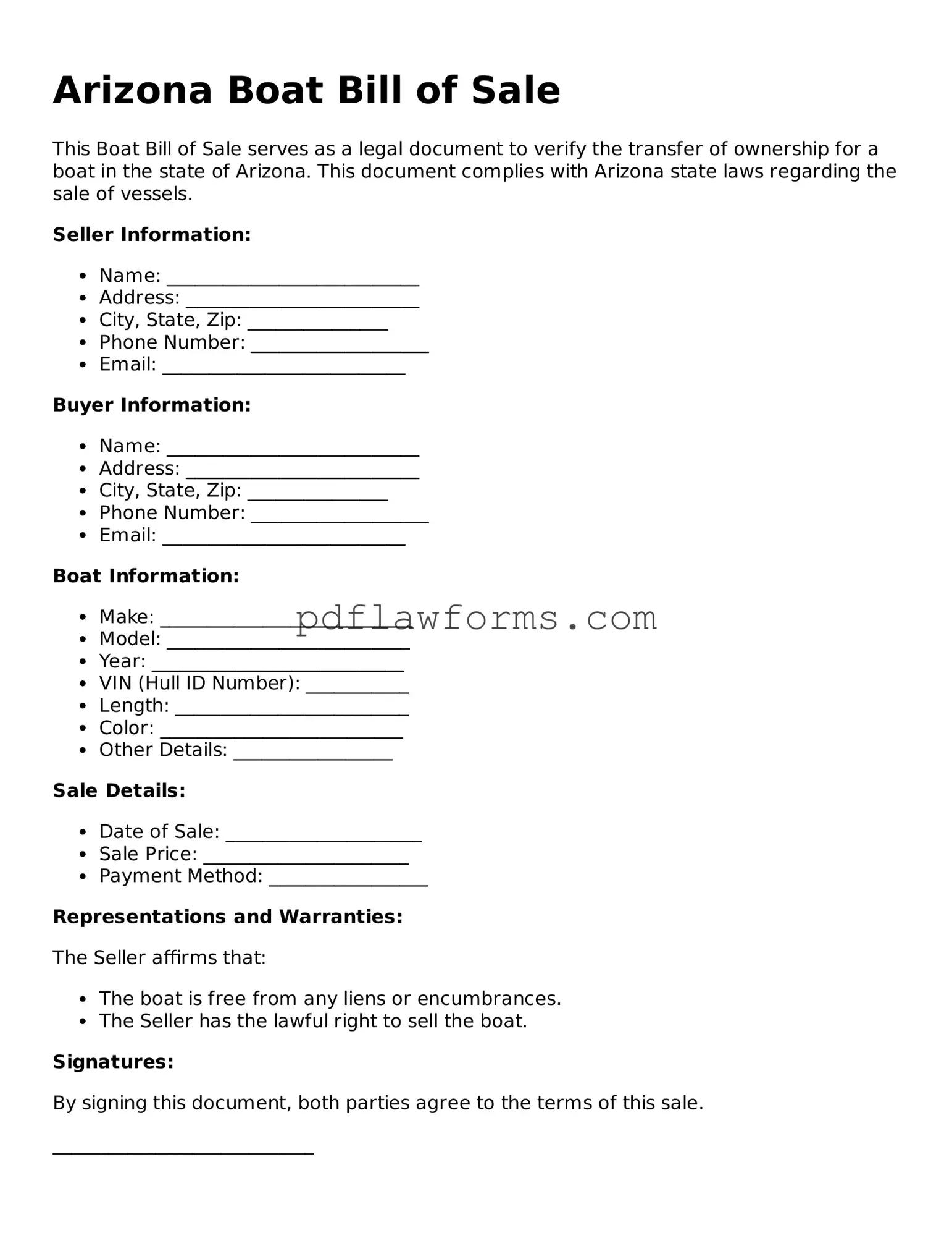 Boat Bill of Sale Form for the State of Arizona