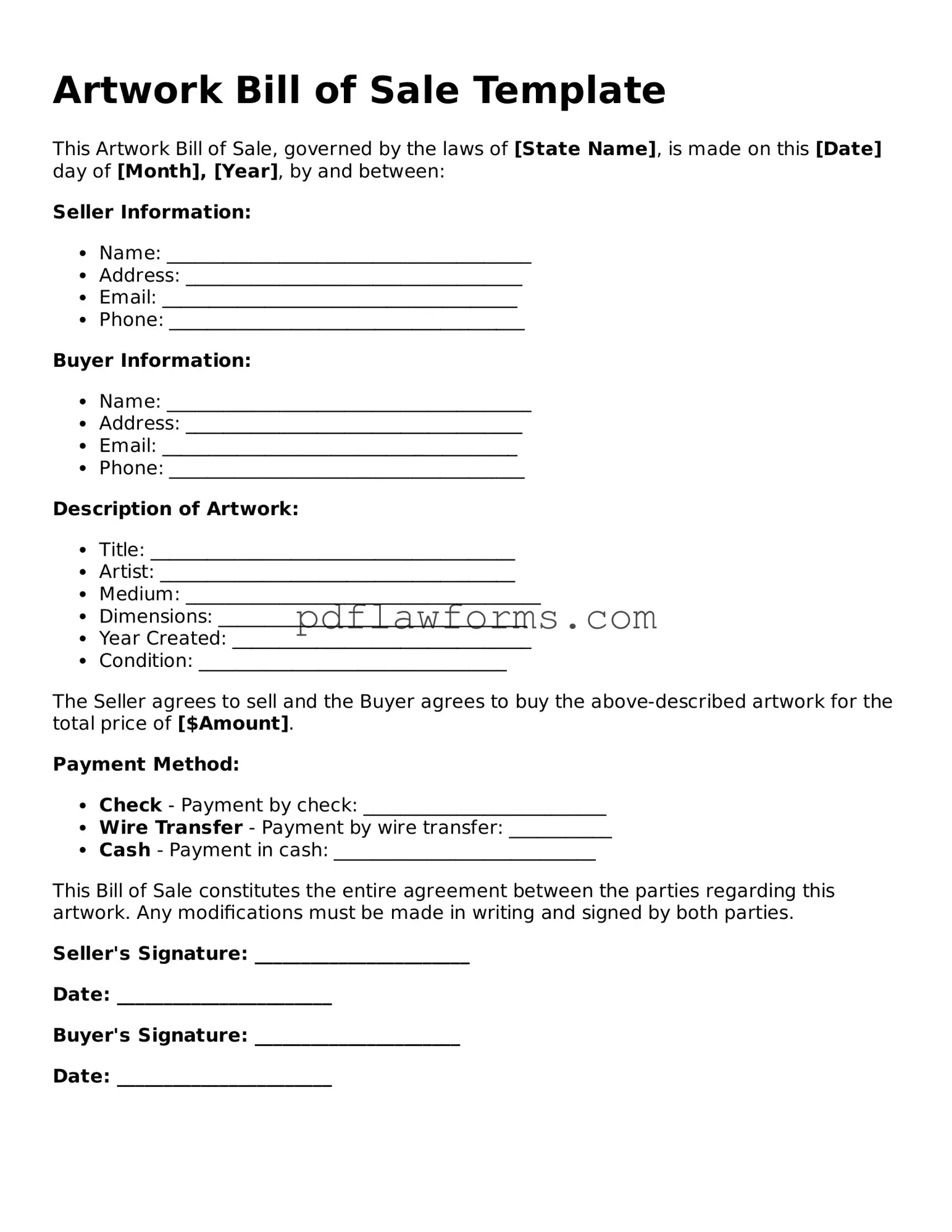 Official Artwork Bill of Sale Form