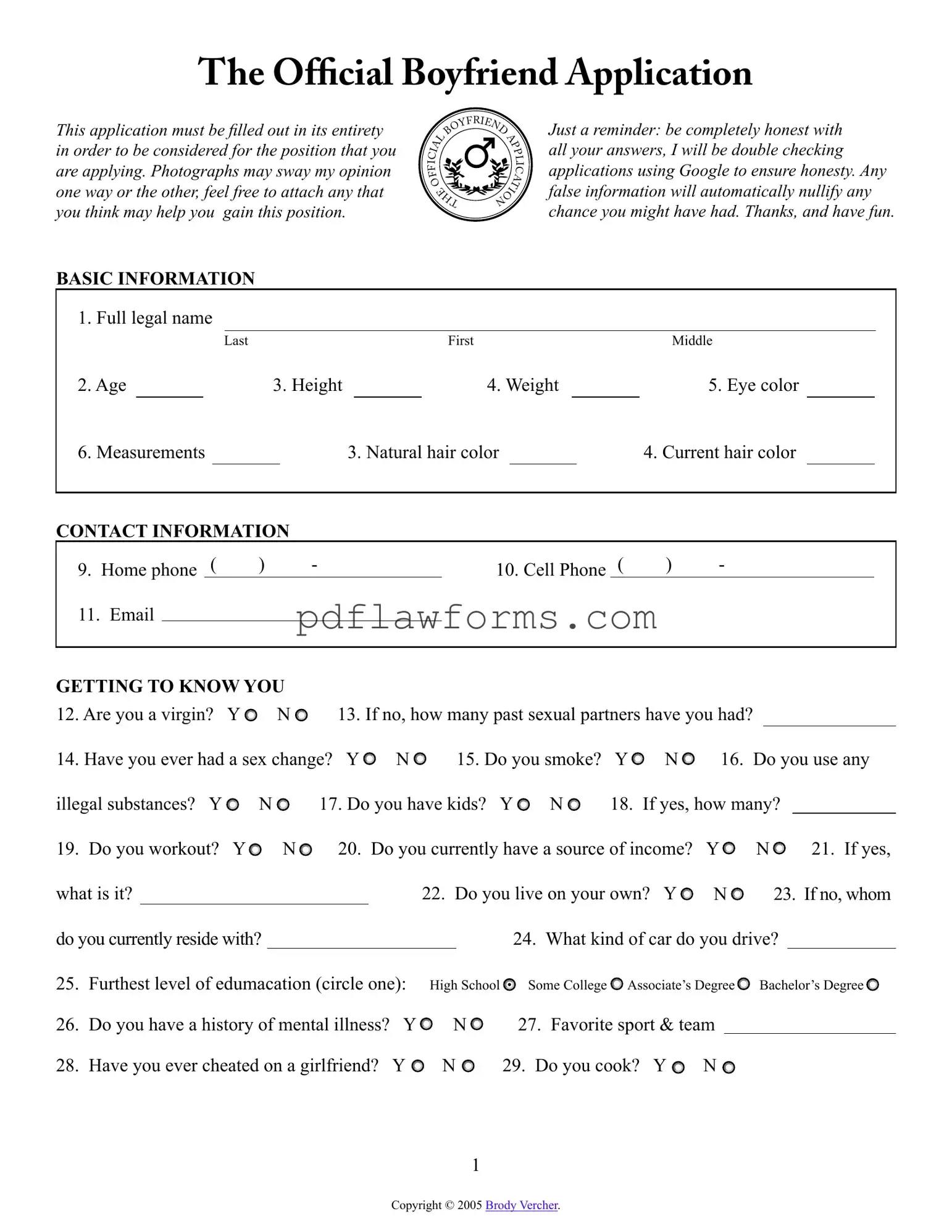 Fill Your Boyfriend application form Template