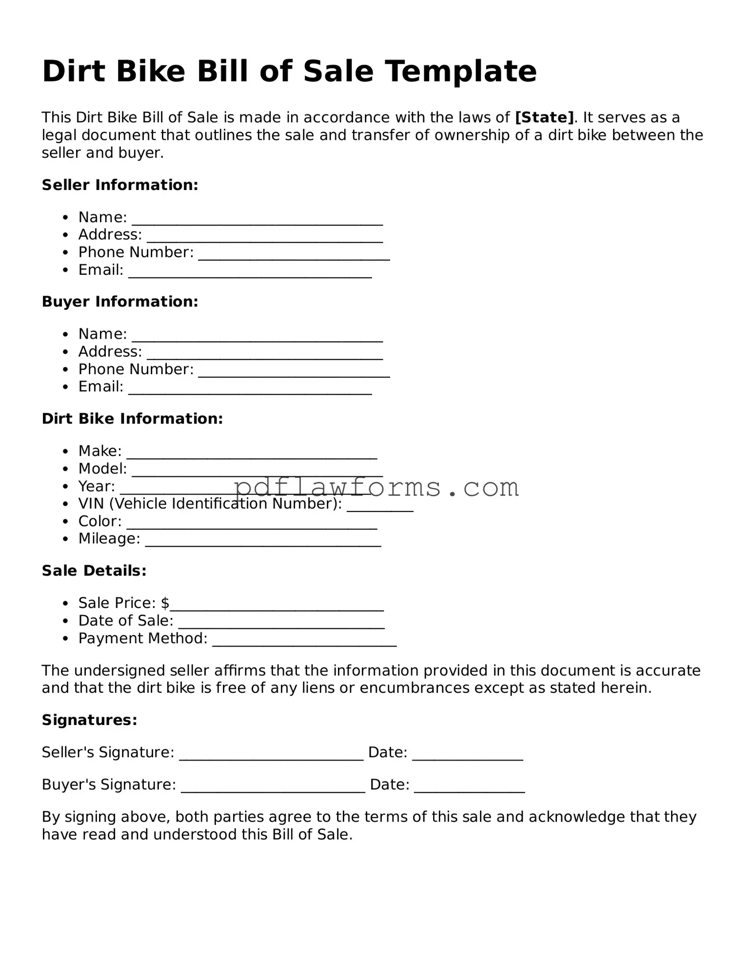 Official Dirt Bike Bill of Sale Form