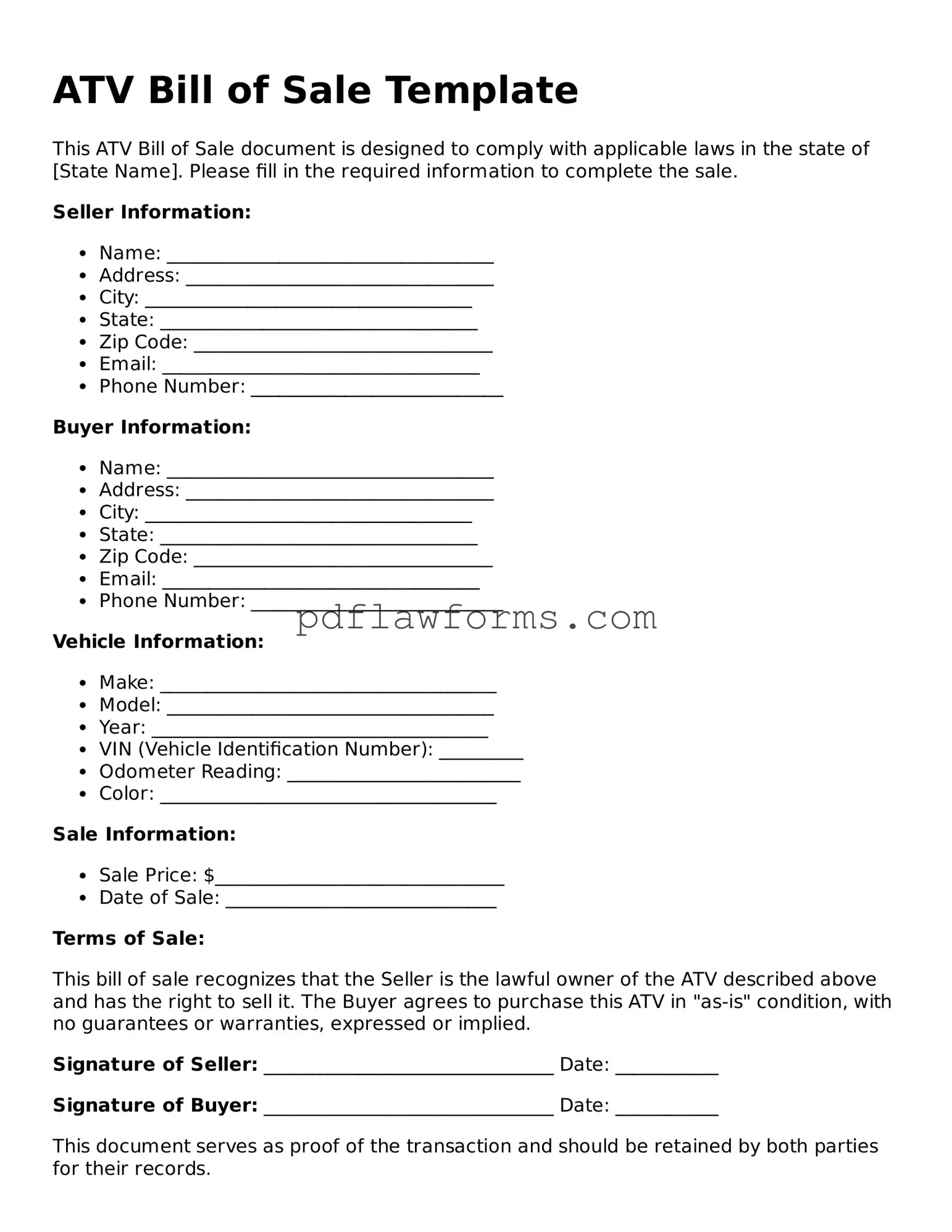 Official ATV Bill of Sale Form