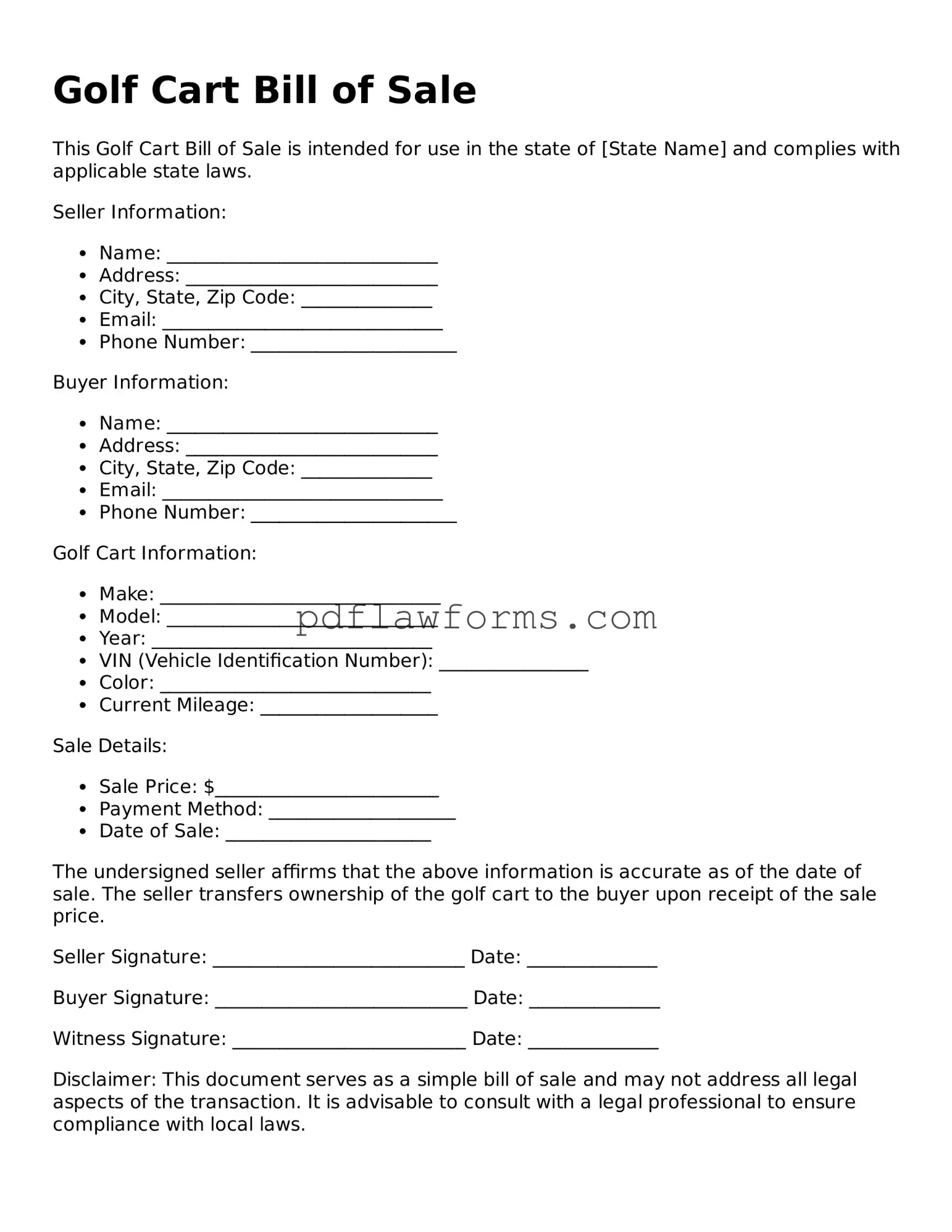 Official Golf Cart Bill of Sale Form