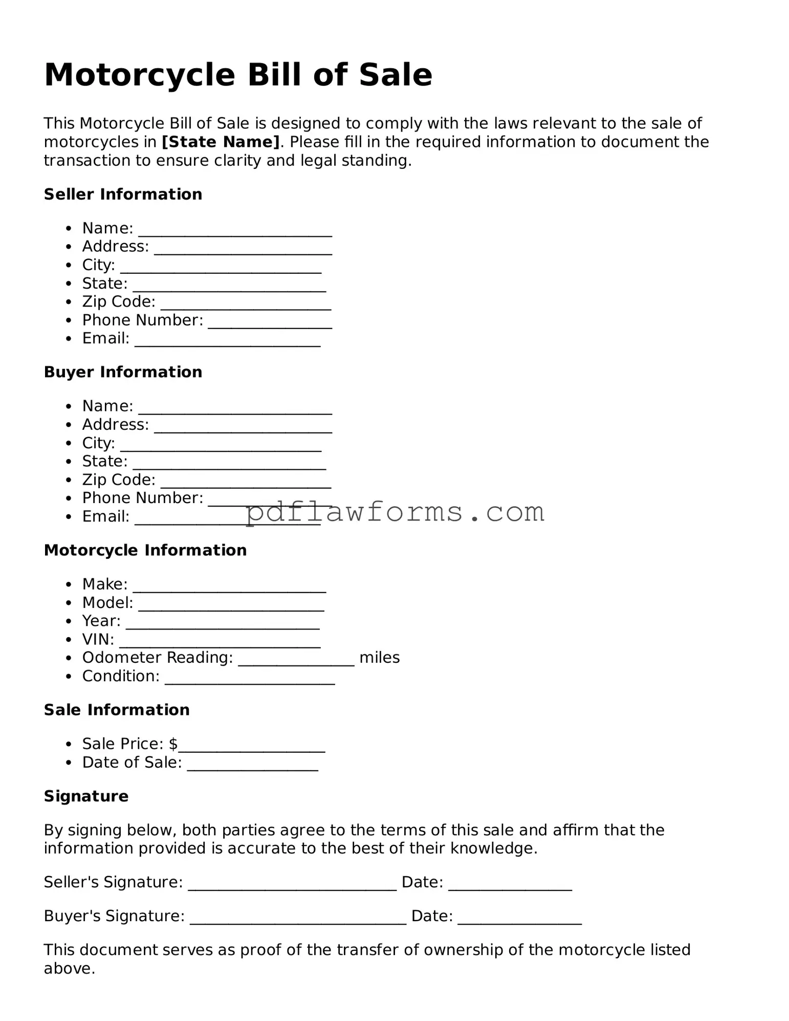 Official Motorcycle Bill of Sale Form
