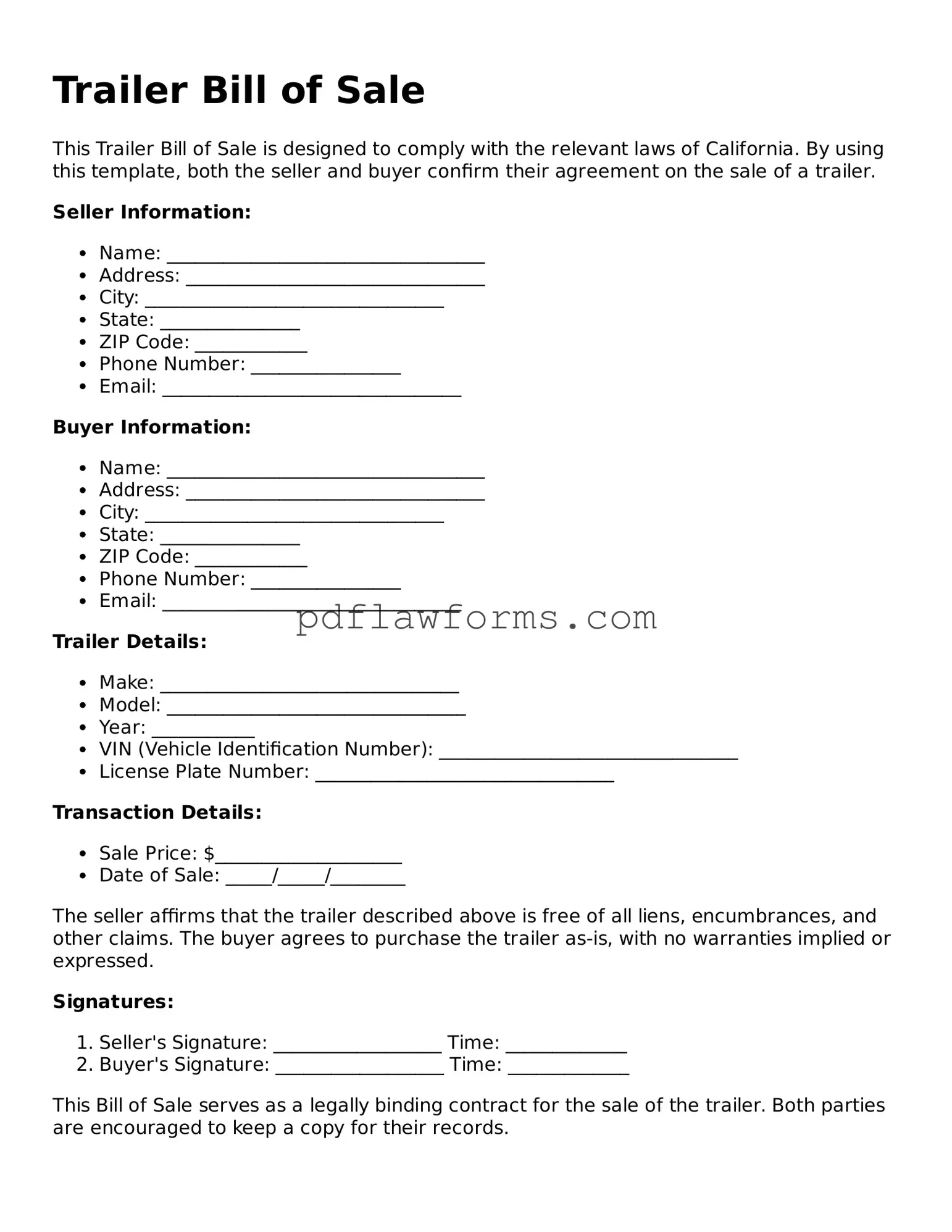Official Trailer Bill of Sale Form