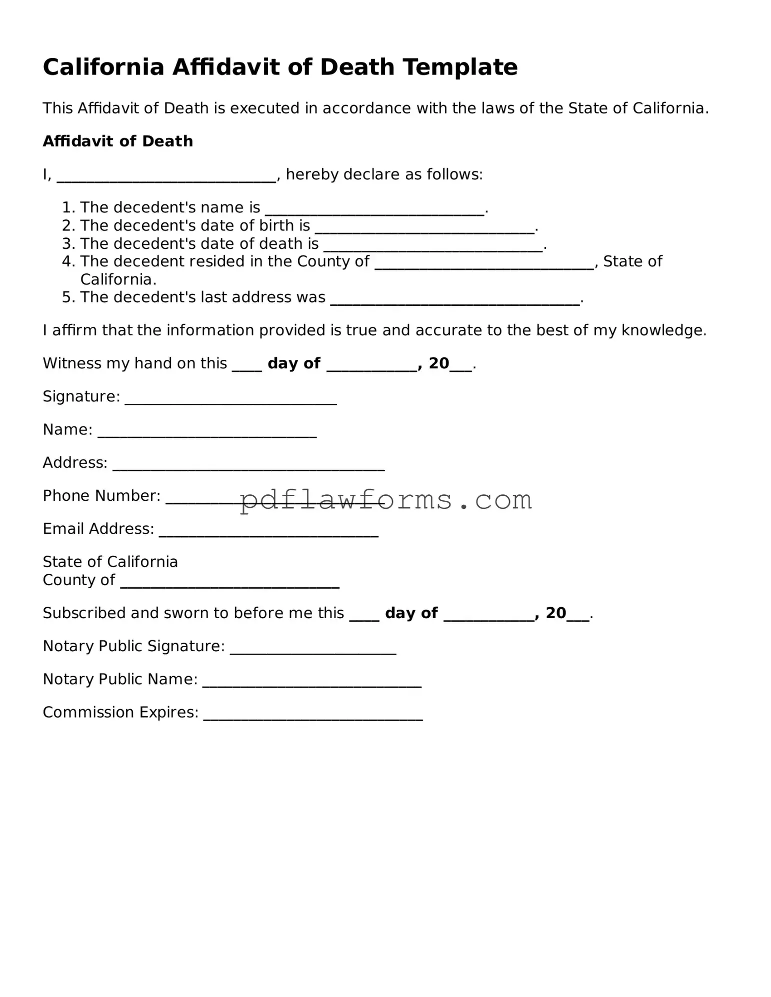 Affidavit of Death Form for the State of California
