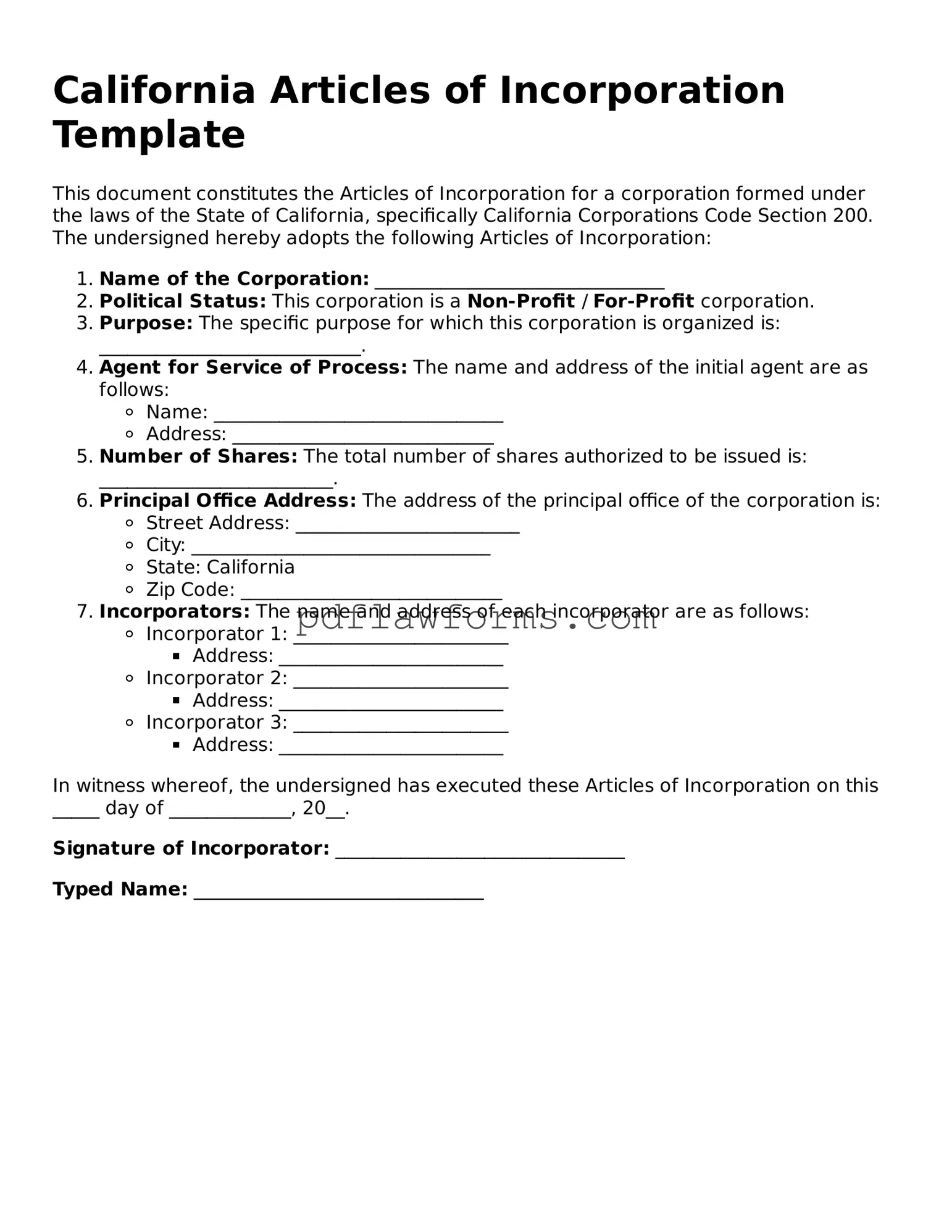 Articles of Incorporation Form for the State of California