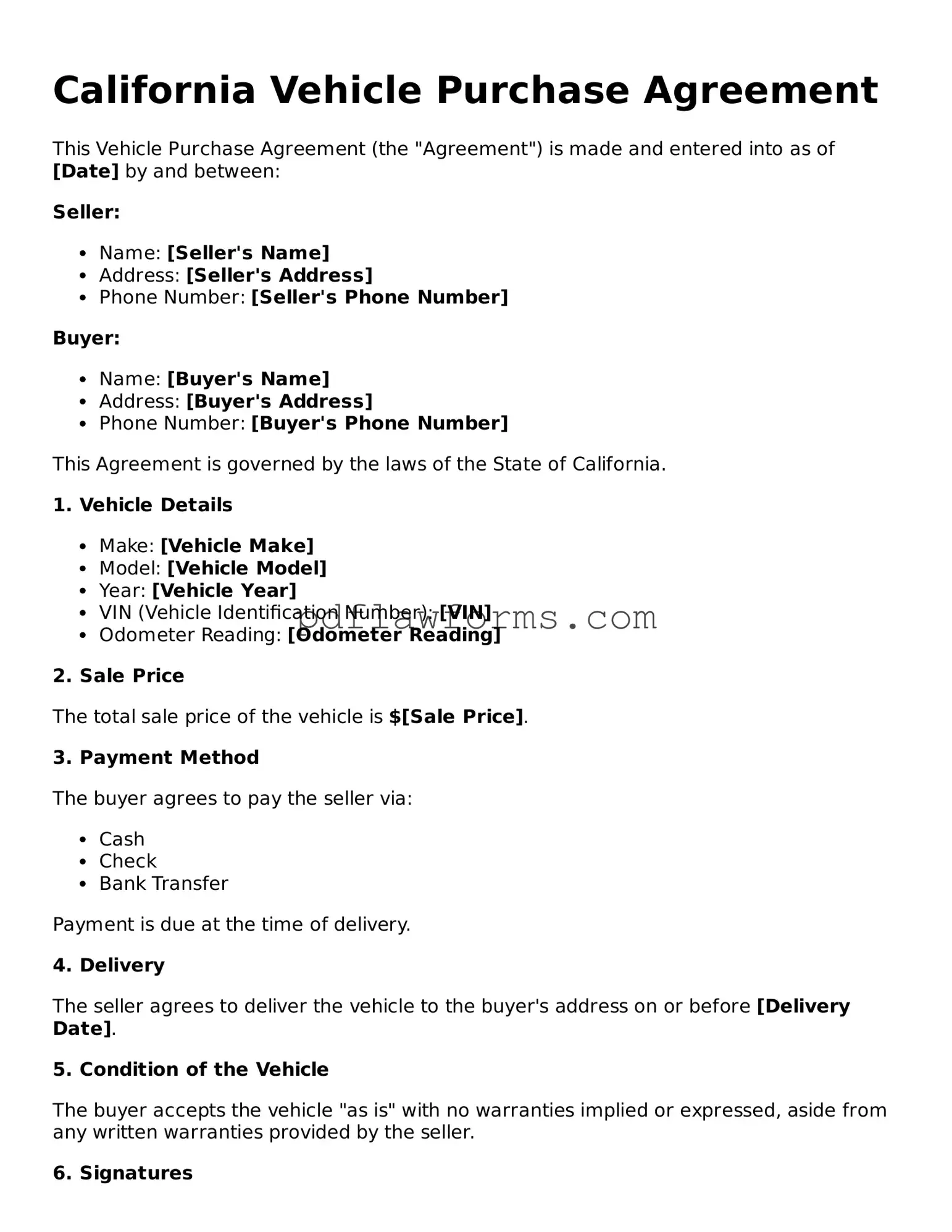 Vehicle Purchase Agreement Form for the State of California